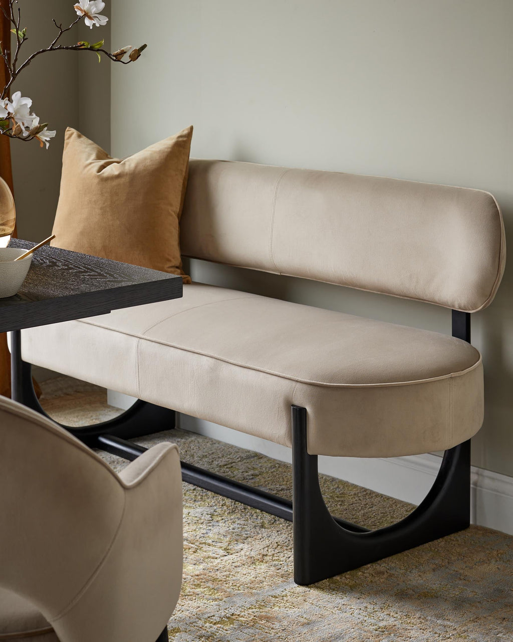 Orlan champagne velvet 3 seater dining bench with backrest