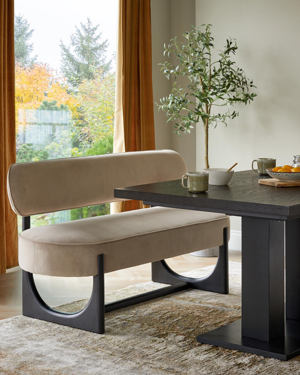 Orlan champagne velvet 3 seater dining bench with backrest