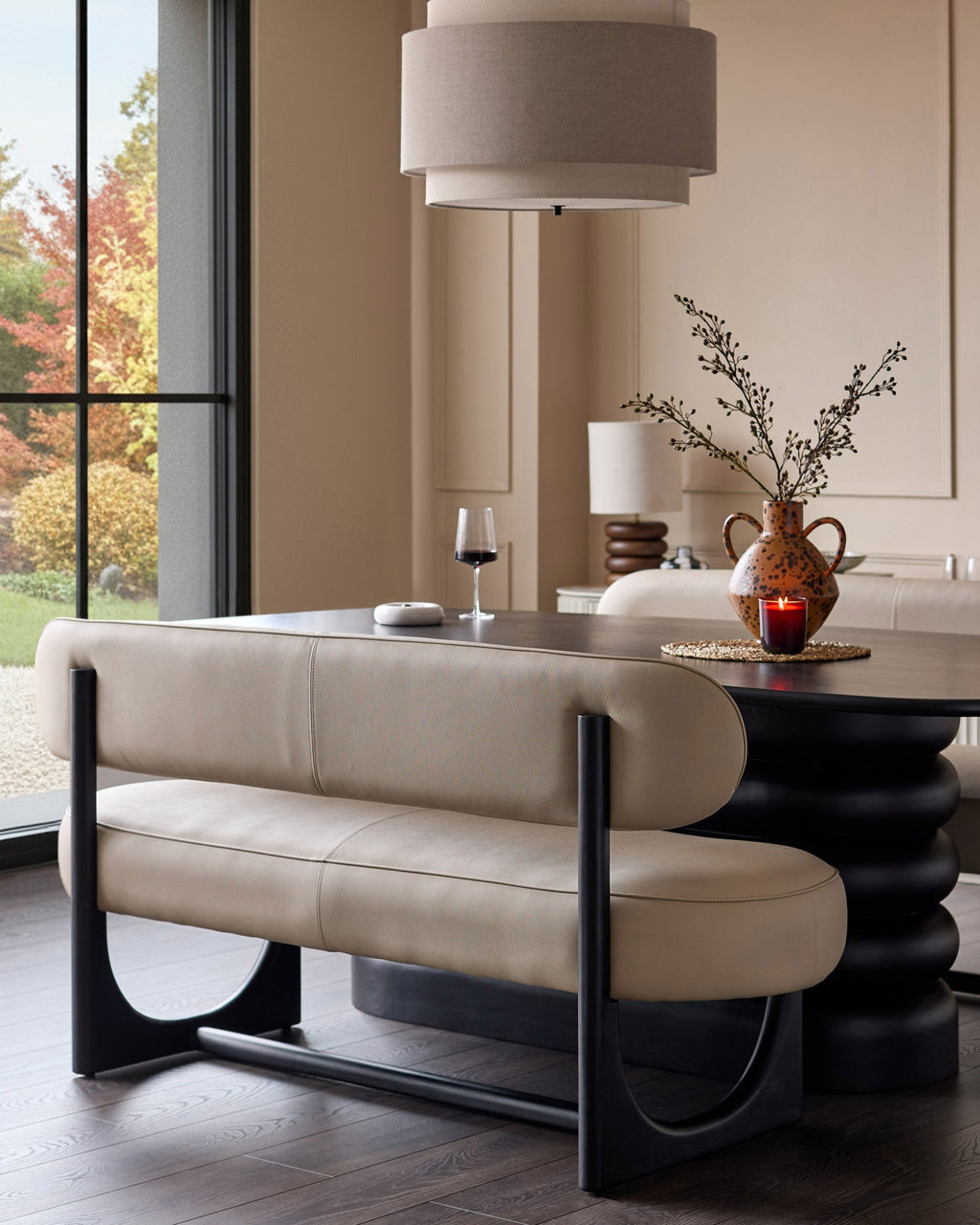 Orlan natural faux leather 3 seater dining bench with backrest