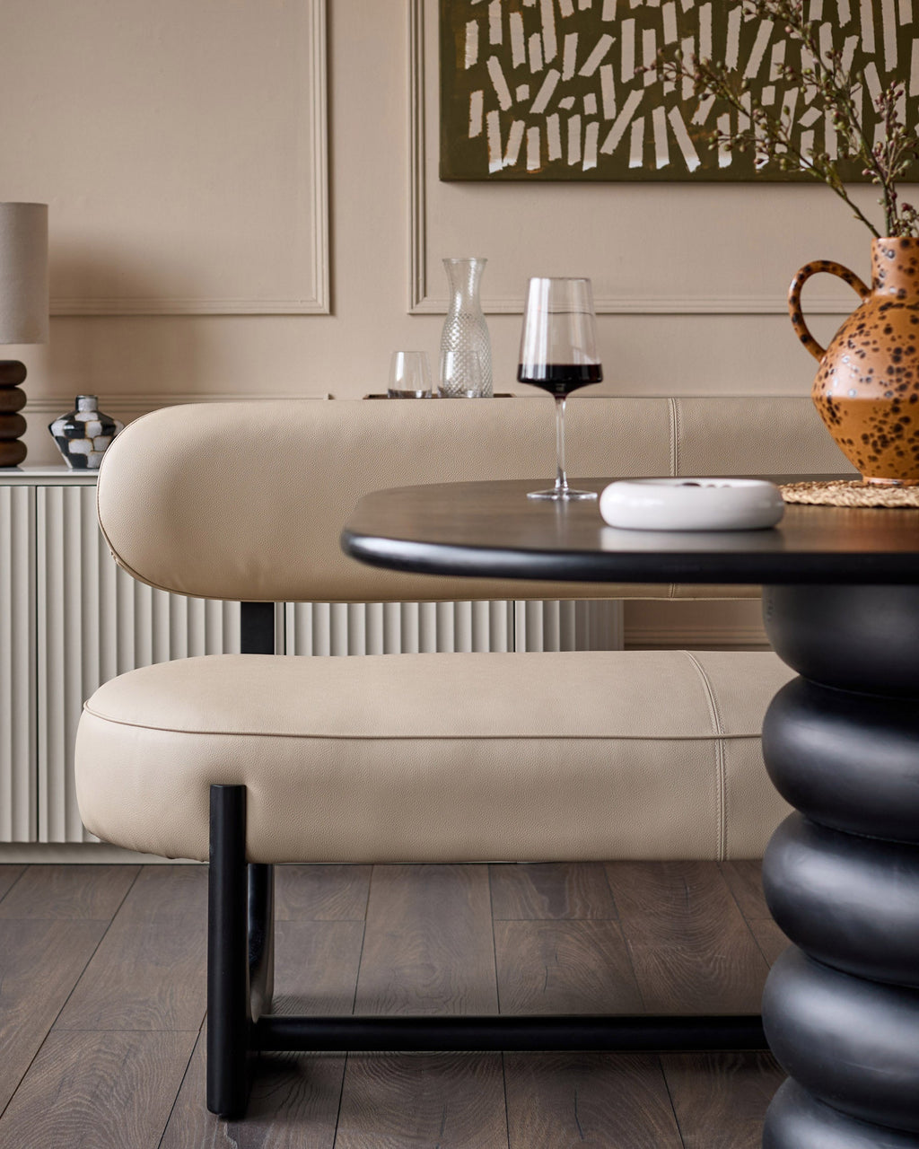 Orlan natural faux leather 3 seater dining bench with backrest