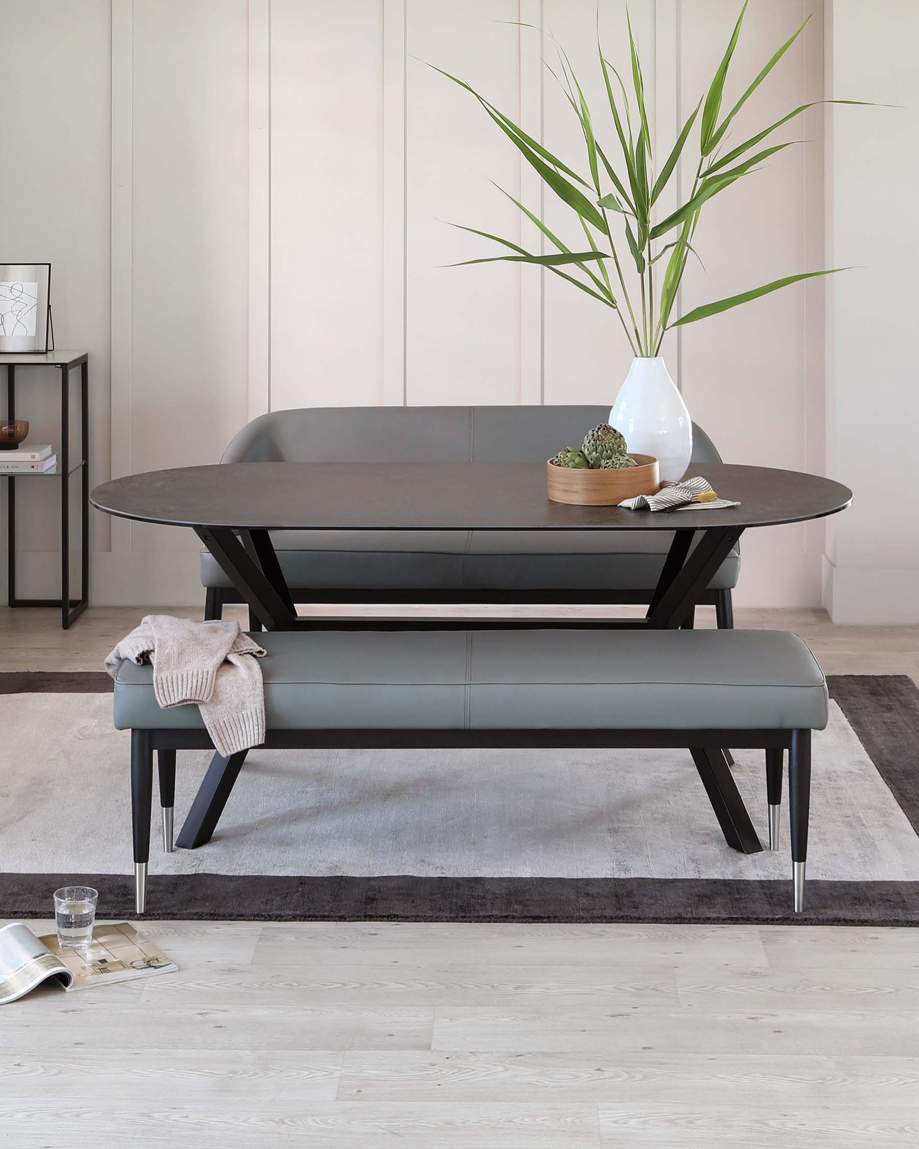 Clover Mid Grey Faux Leather & Stainless Steel Dining Bench With Backrest