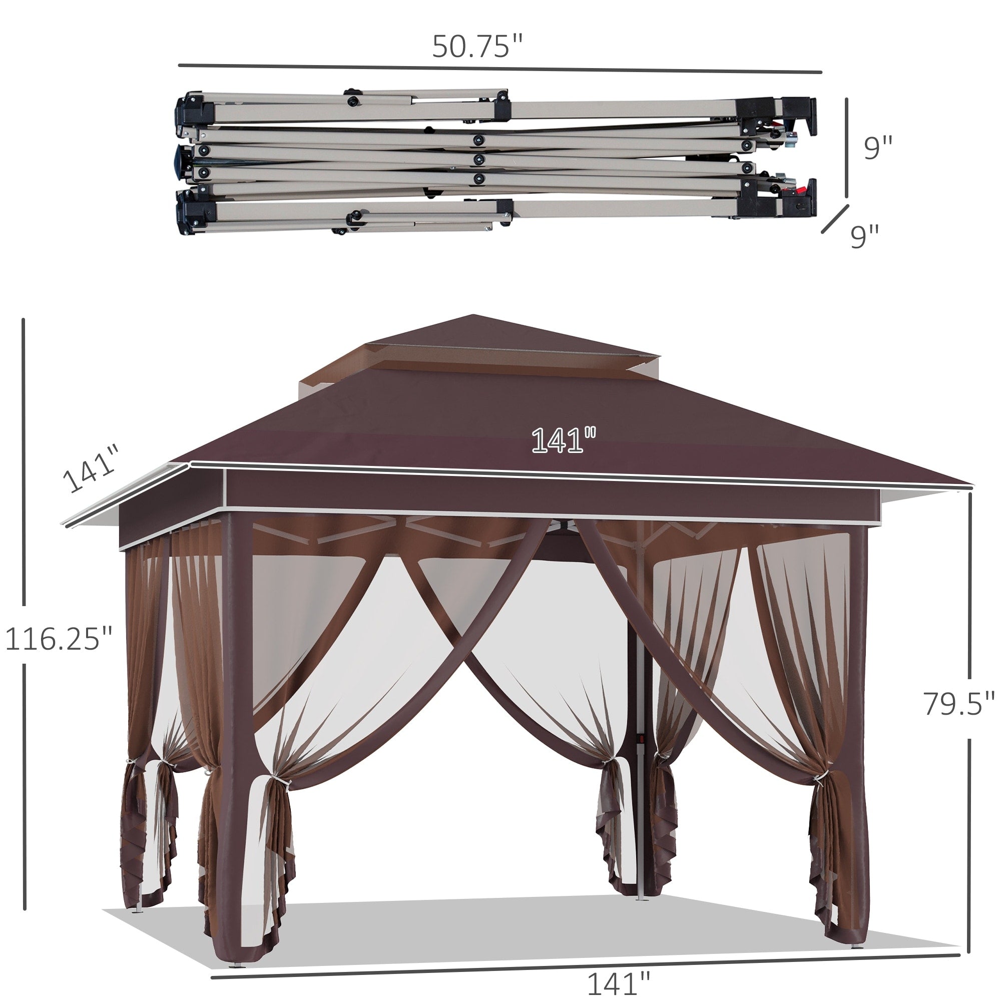Outsunny 12' x 12' Pop Up Canopy Sun Shade Instant Tent Folding with Mesh Sidewall Netting, 3-Level Adjustable Height