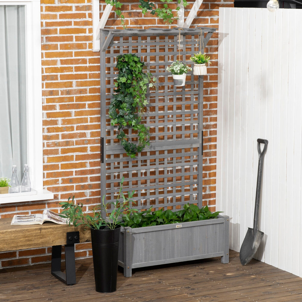 Outsunny Wood Planter with Trellis, Raised Garden Bed for Climbing Plants w/ Drainage Holes and Roof