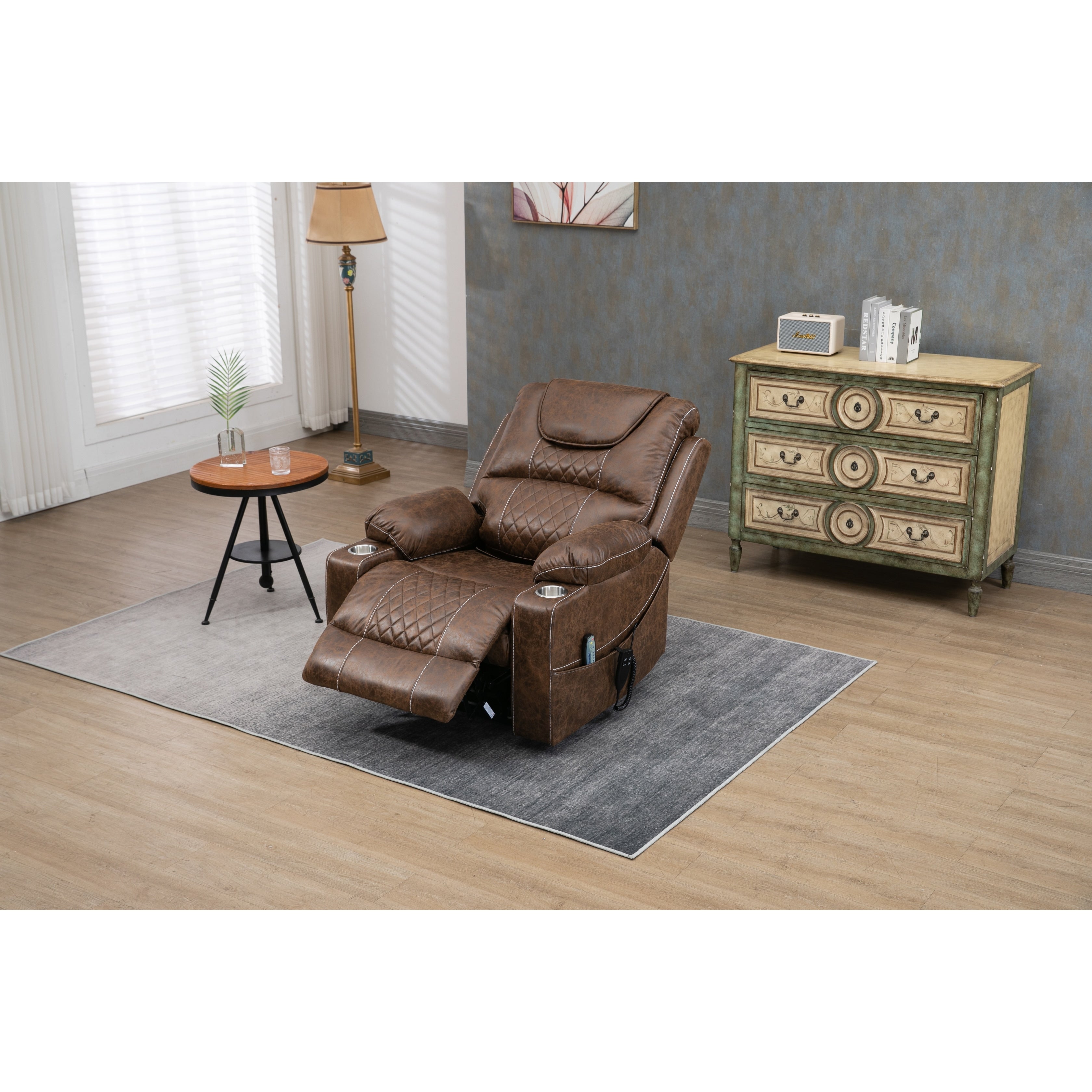 Oversized PU Leather Power Lift Recliner with Massage, Lumbar Heating, Cup Holder, 180° Flat Lay