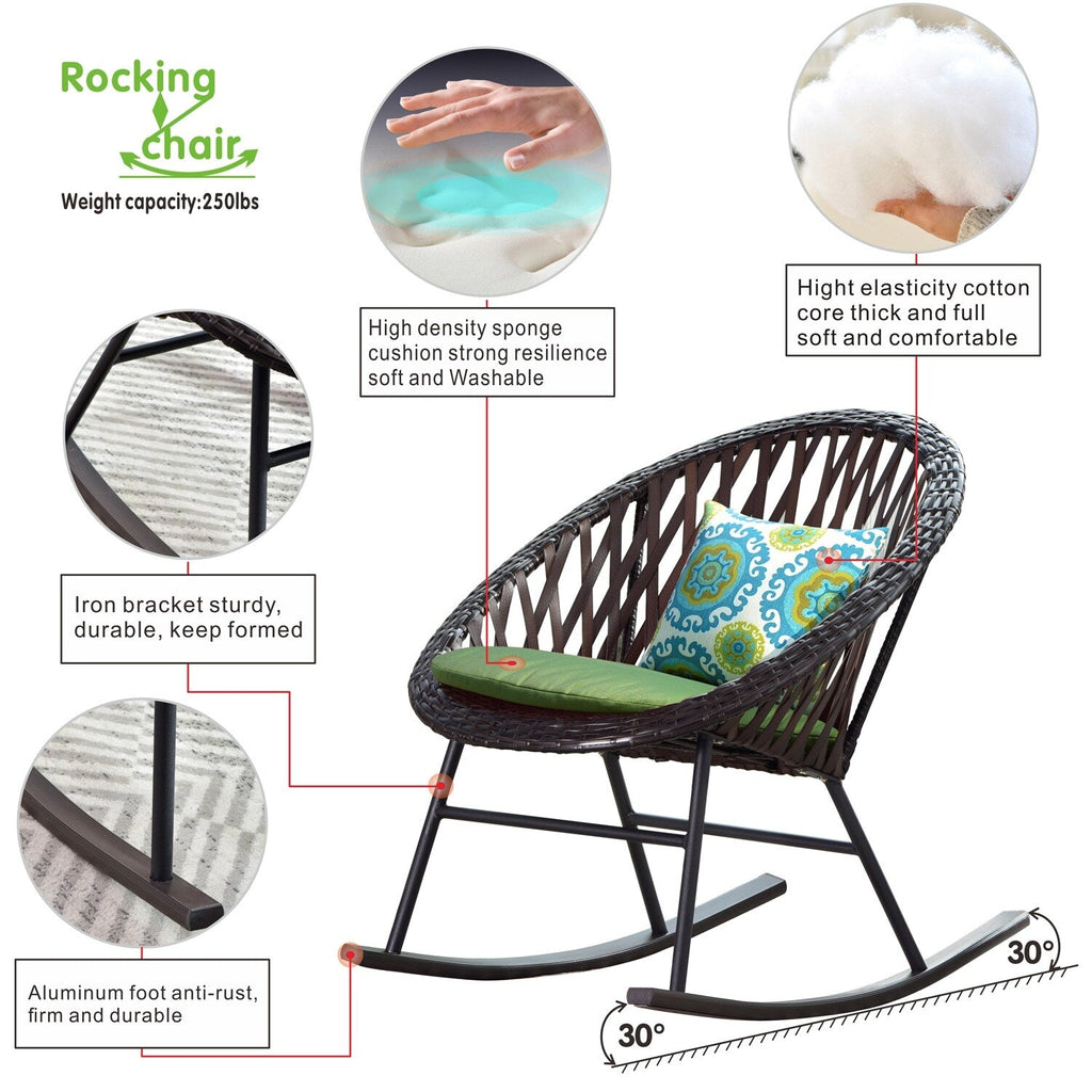 OVIOS 3-piece Patio Rocking Chair Bistro Set with Glass Coffee Table