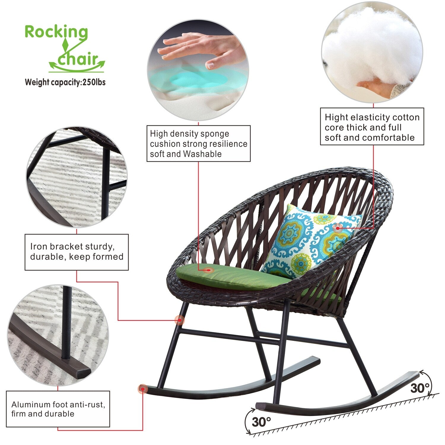 OVIOS 3-piece Patio Rocking Chair Bistro Set with Glass Coffee Table