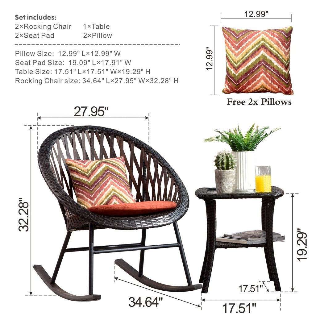 OVIOS 3-piece Patio Rocking Chair Bistro Set with Glass Coffee Table