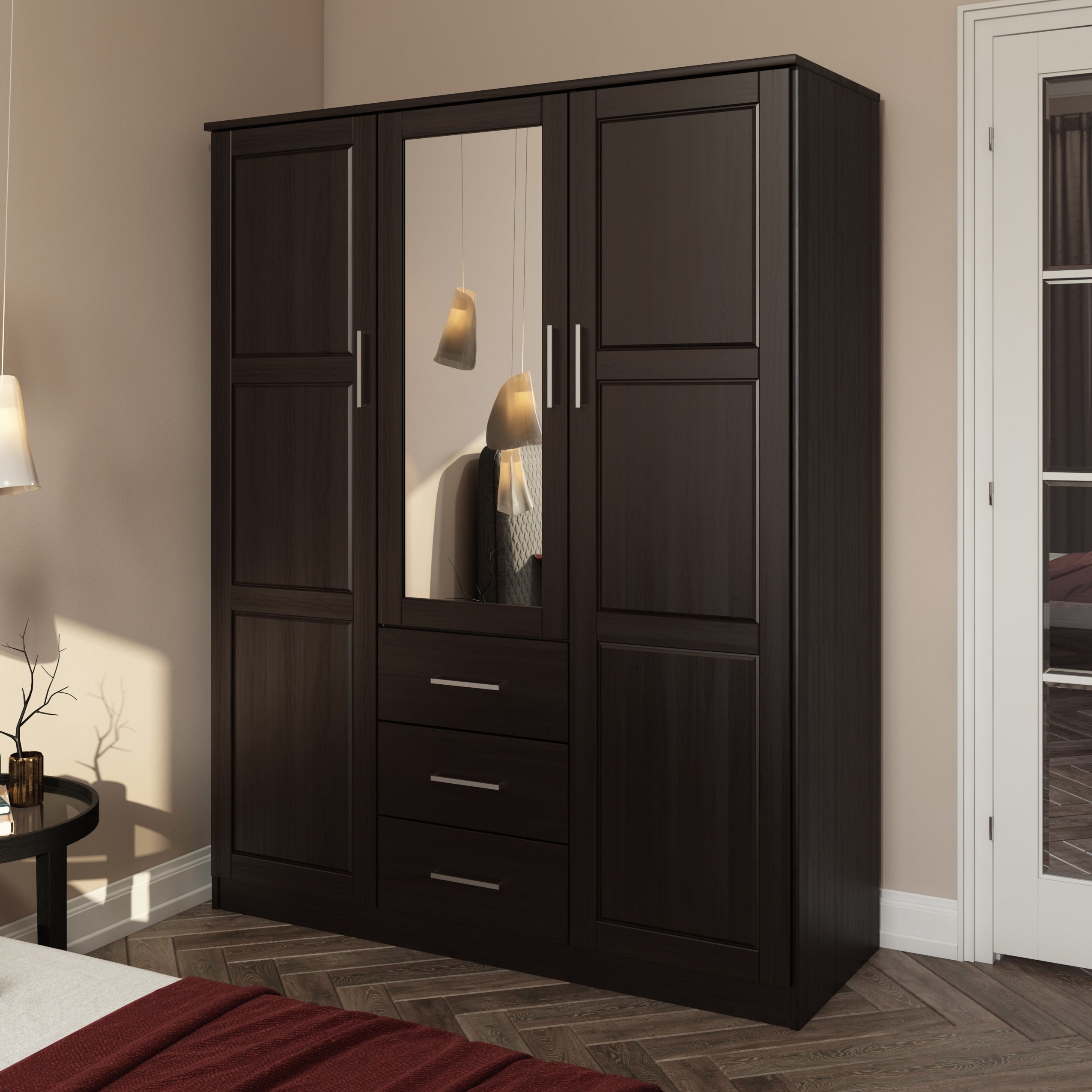 Palace Imports 100% Solid Wood Cosmo 3-Door Wardrobe Armoire with Solid Wood or Mirrored Doors