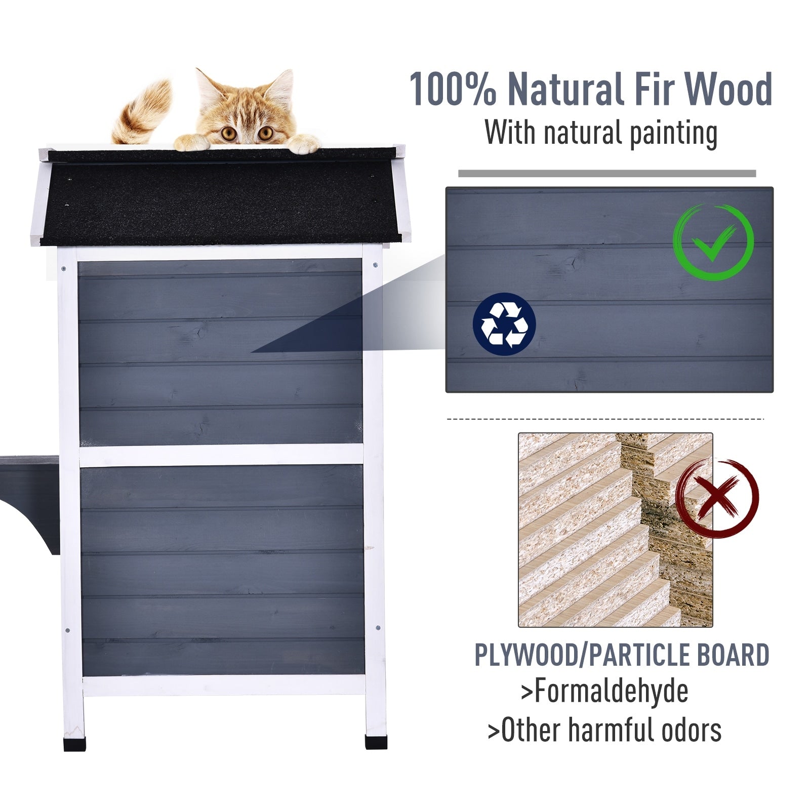 PawHut Fir Wood 2-Story Outdoor Cat House, Wooden Feral Cat Shelter with Openable Asphalt Roof for Indoor/Outdoor, White / Grey