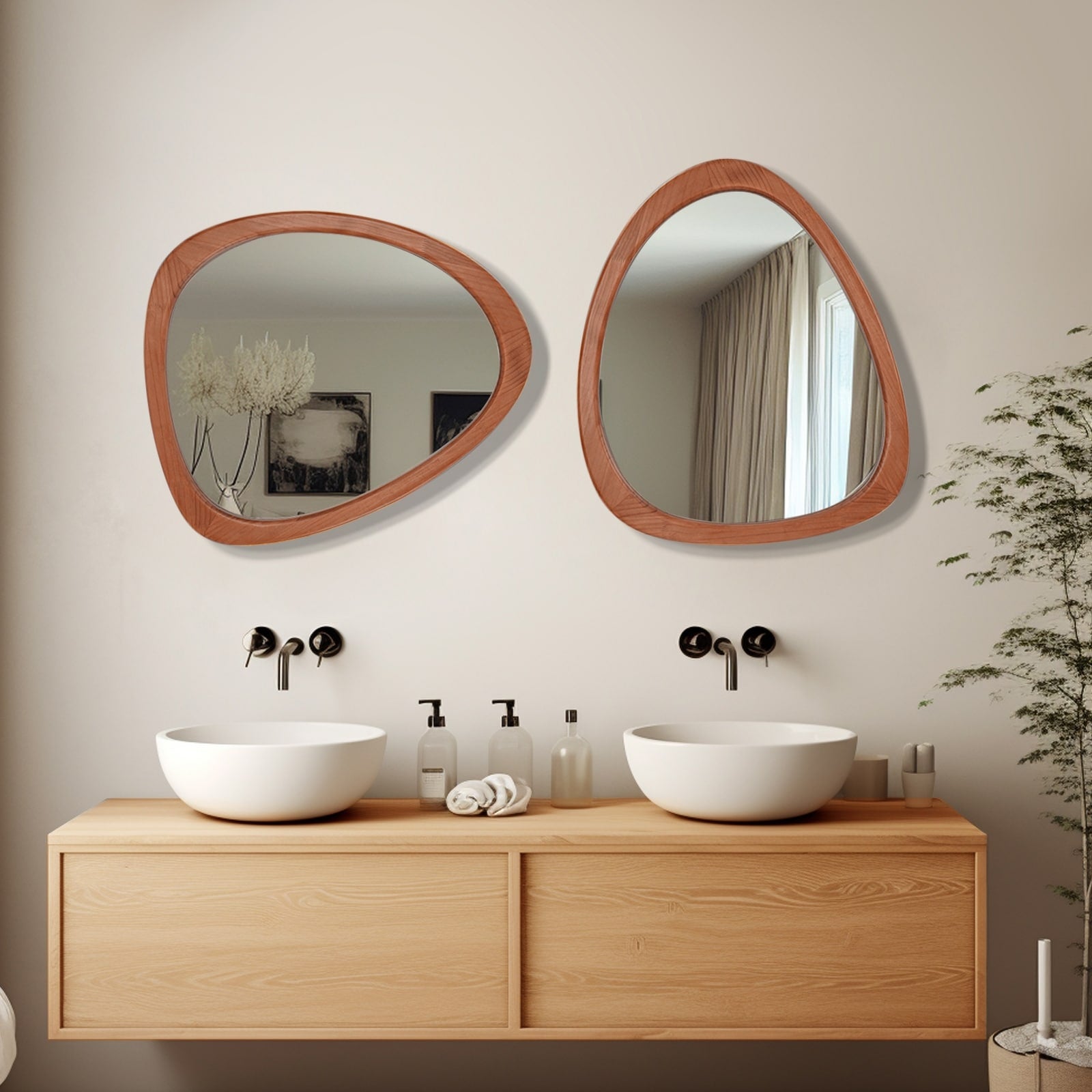 Pine Frame Cobblestone Shaped Asymmetrical Wall Mirror