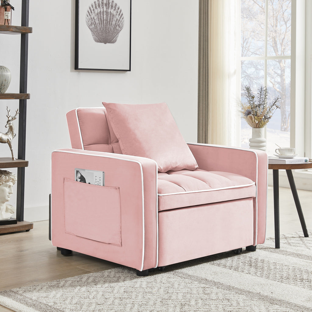 Pink Velvet Single Sofa Bed with Adjustable Back