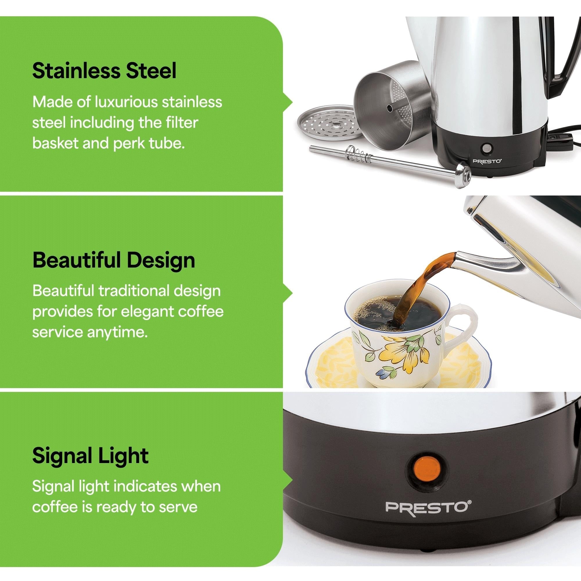 Presto Stainless Steel Coffee Maker, 12 Cup Robust Percolator Coffee, Silver - 2.79