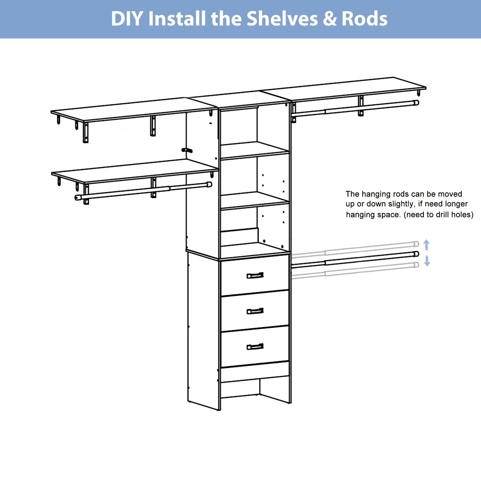 Rackcog 120'' Adjustable Closet Organizer with Drawers, Closet System with DIY Shelves for Reach-in and Walk-in Closet