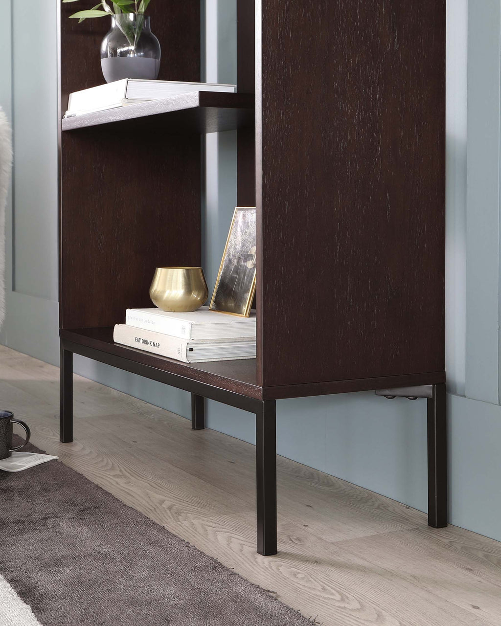 Reed Dark Walnut Tall Storage Shelving Unit With Black Legs