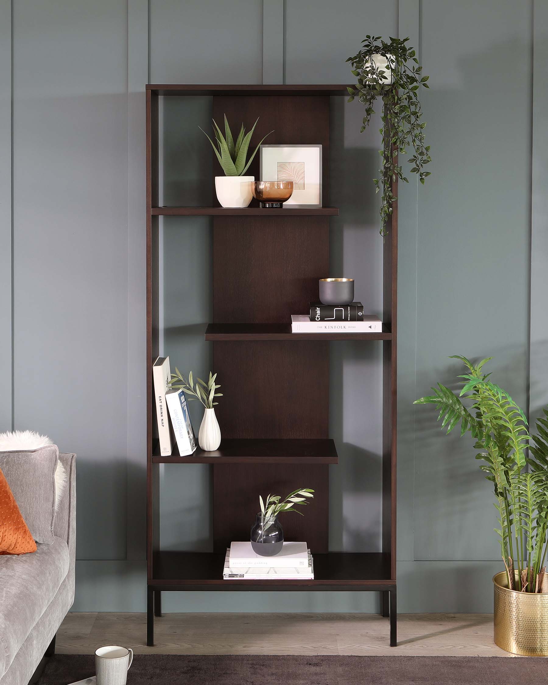 Reed Dark Walnut Tall Storage Shelving Unit With Black Legs