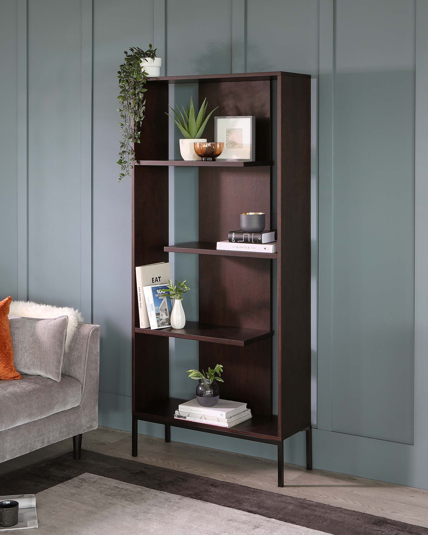 Reed Dark Walnut Tall Storage Shelving Unit With Black Legs