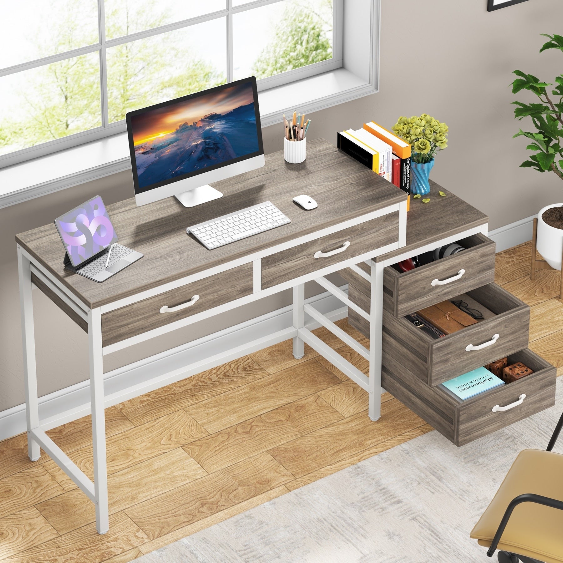 Reversible Computer Desk with 5 Drawers, Home Office Desk with File Cabinet Drawer Printer Stand