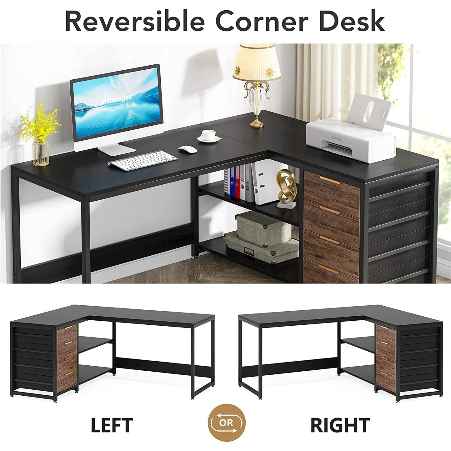 Reversible L-Shaped Office Desk Computer Desk Sturdy Writing Table Workstation