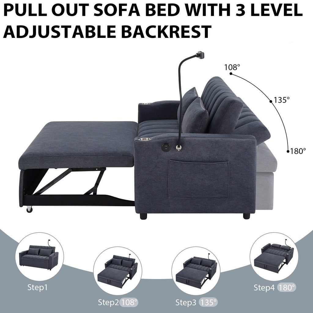 Roomfitters Convertible Loveseat Sofa Bed with USB Ports, Side Pockets, Cup Holders, and Swivel Phone Holder for Living Room