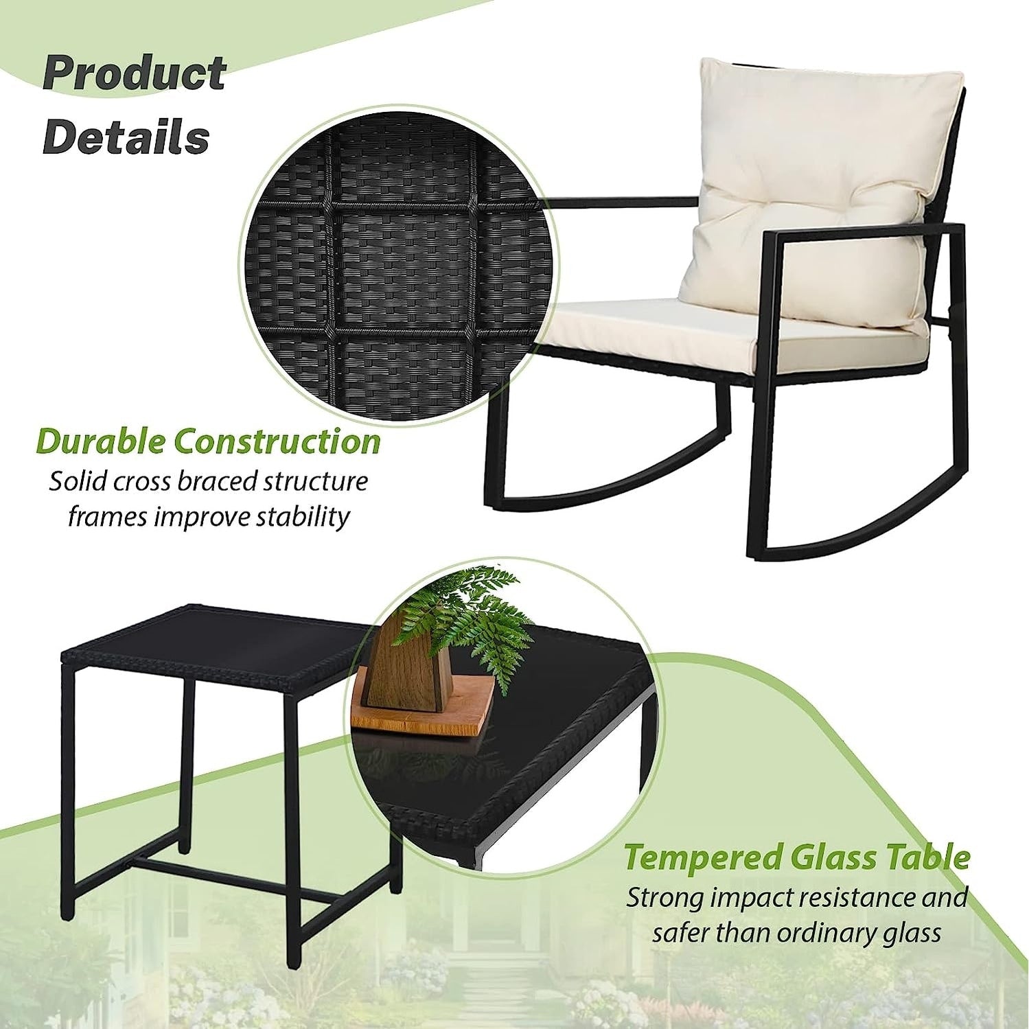 SUNCROWN 3-Piece Black Metal Outdoor Patio Rocking Bistro Set