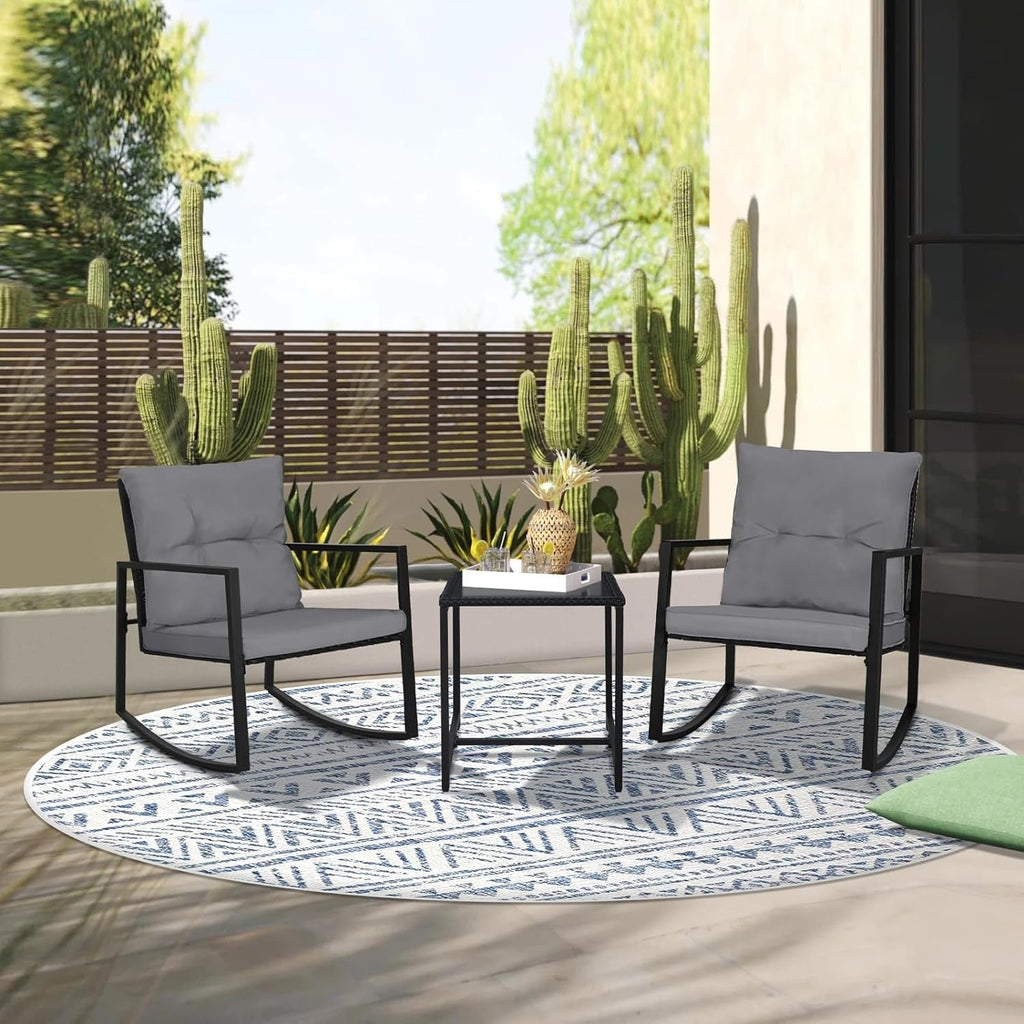 SUNCROWN 3-Piece Black Metal Outdoor Patio Rocking Bistro Set