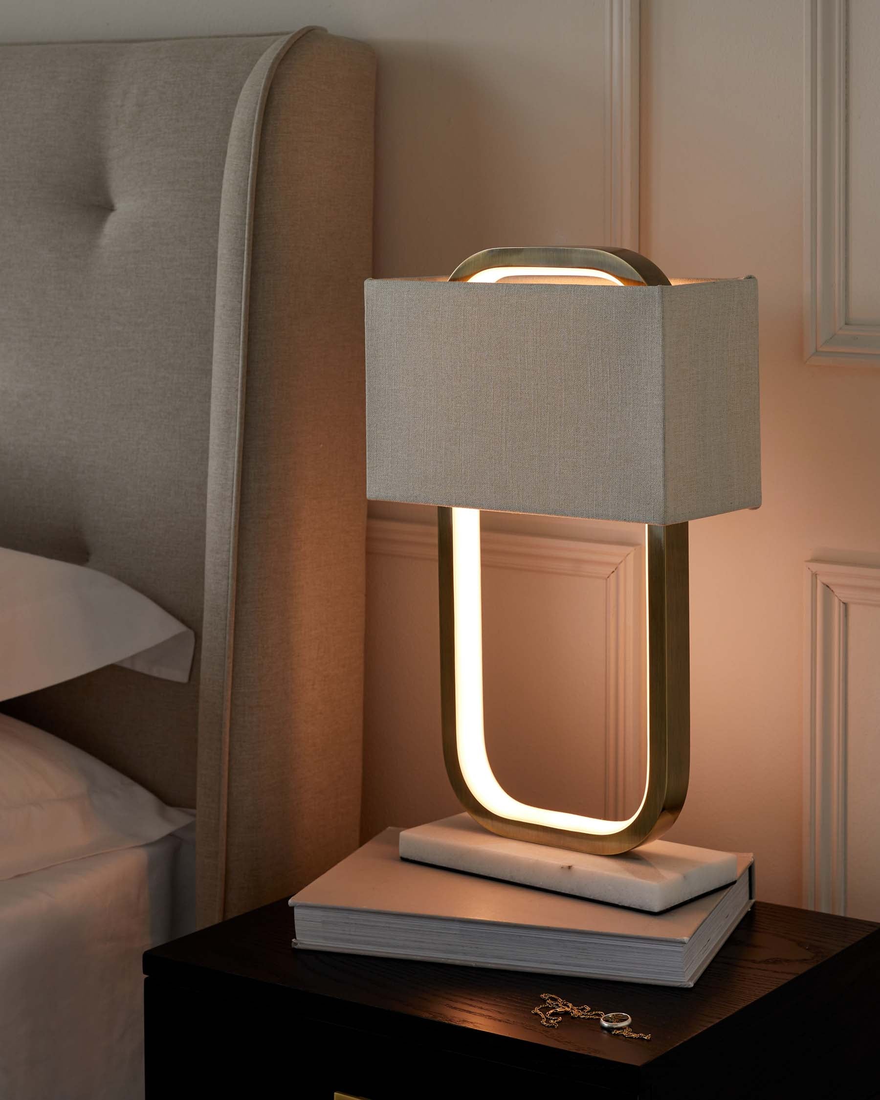 Sanza Brushed Brass Table Lamp with Natural Linen Shade