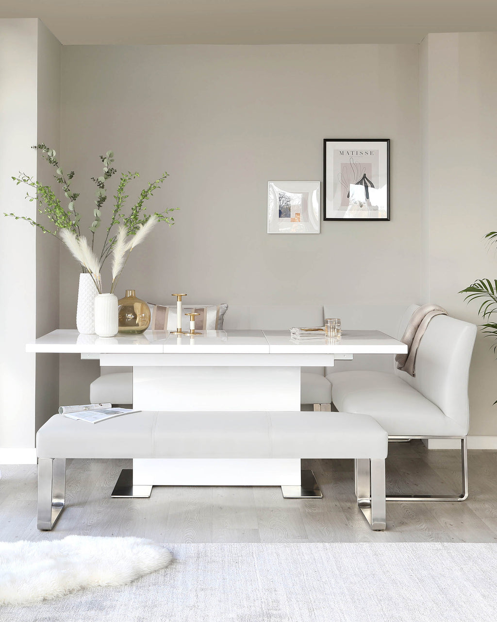 Loop 5 Seater Light Grey Faux Leather & Stainless Steel Left Hand Corner Dining Bench