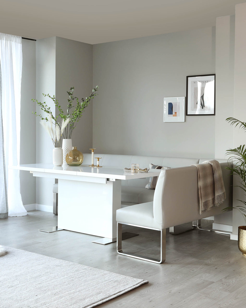 Loop 7 Seater Light Grey Faux Leather & Stainless Steel Left Hand Corner Dining Bench