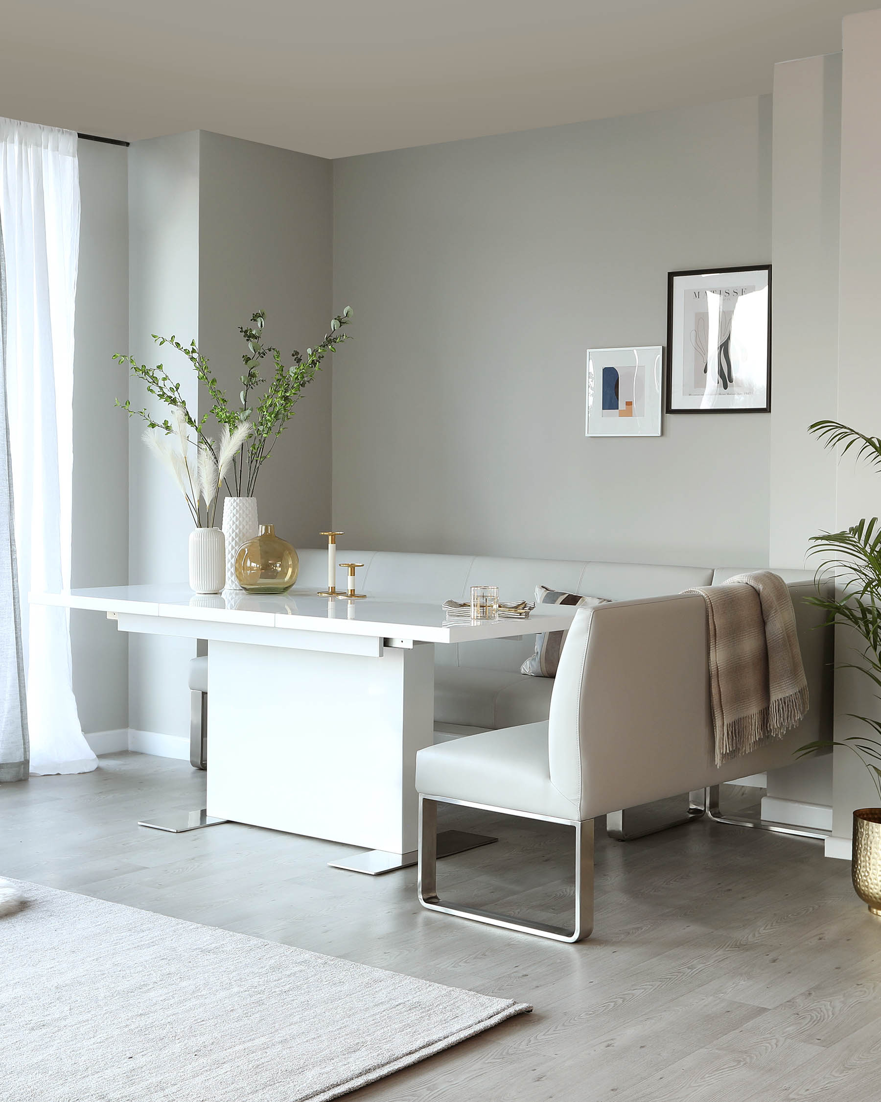 Loop 7 Seater Light Grey Faux Leather & Stainless Steel Left Hand Corner Dining Bench