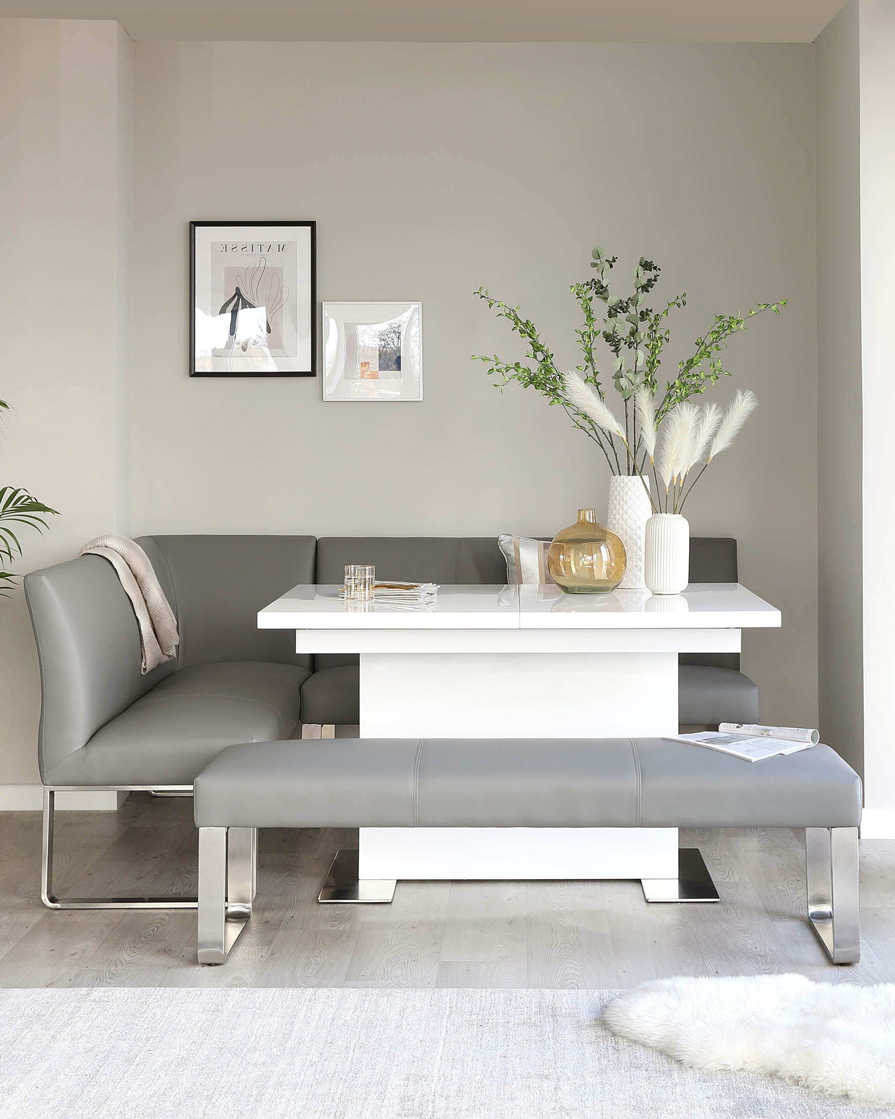 Loop 5 Seater Grey Faux Leather & Stainless Steel Right Hand Corner Dining Bench