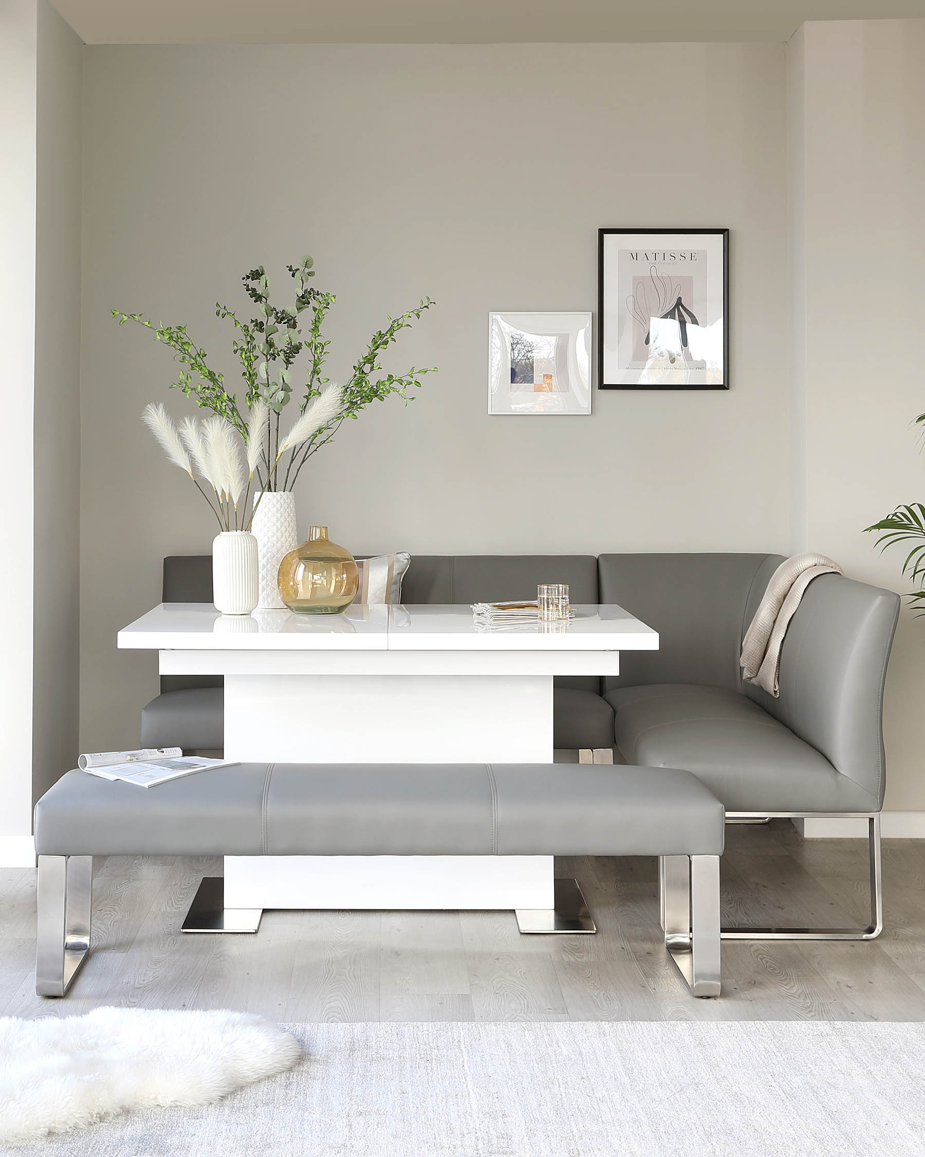 Loop 5 Seater Grey Faux Leather & Stainless Steel Left Hand Corner Dining Bench