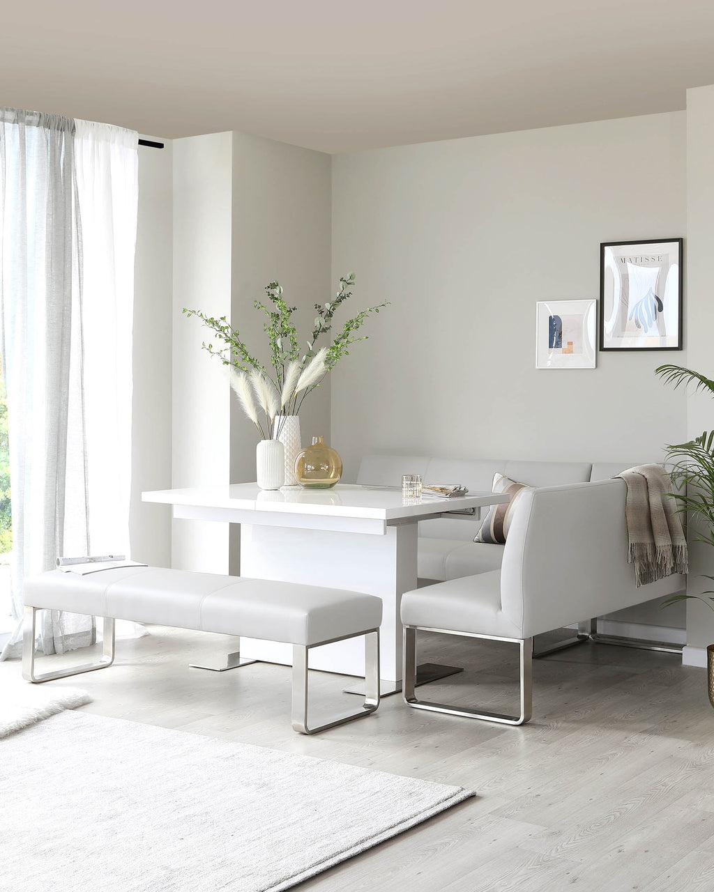 Loop 5 Seater Light Grey Faux Leather & Stainless Steel Left Hand Corner Dining Bench