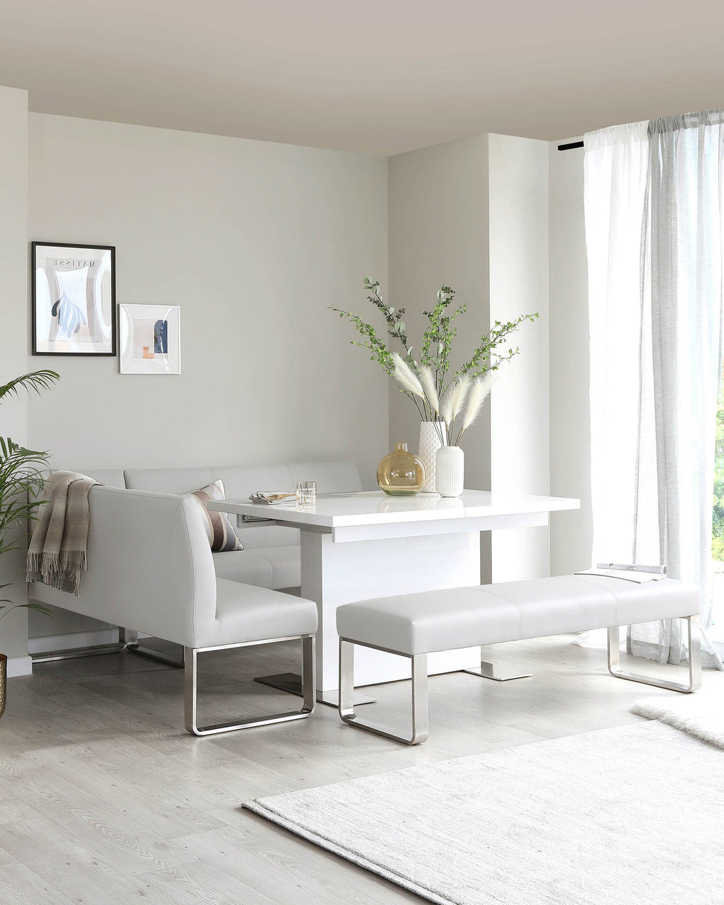 Loop 5 Seater Light Grey Faux Leather & Stainless Steel Right Hand Corner Dining Bench