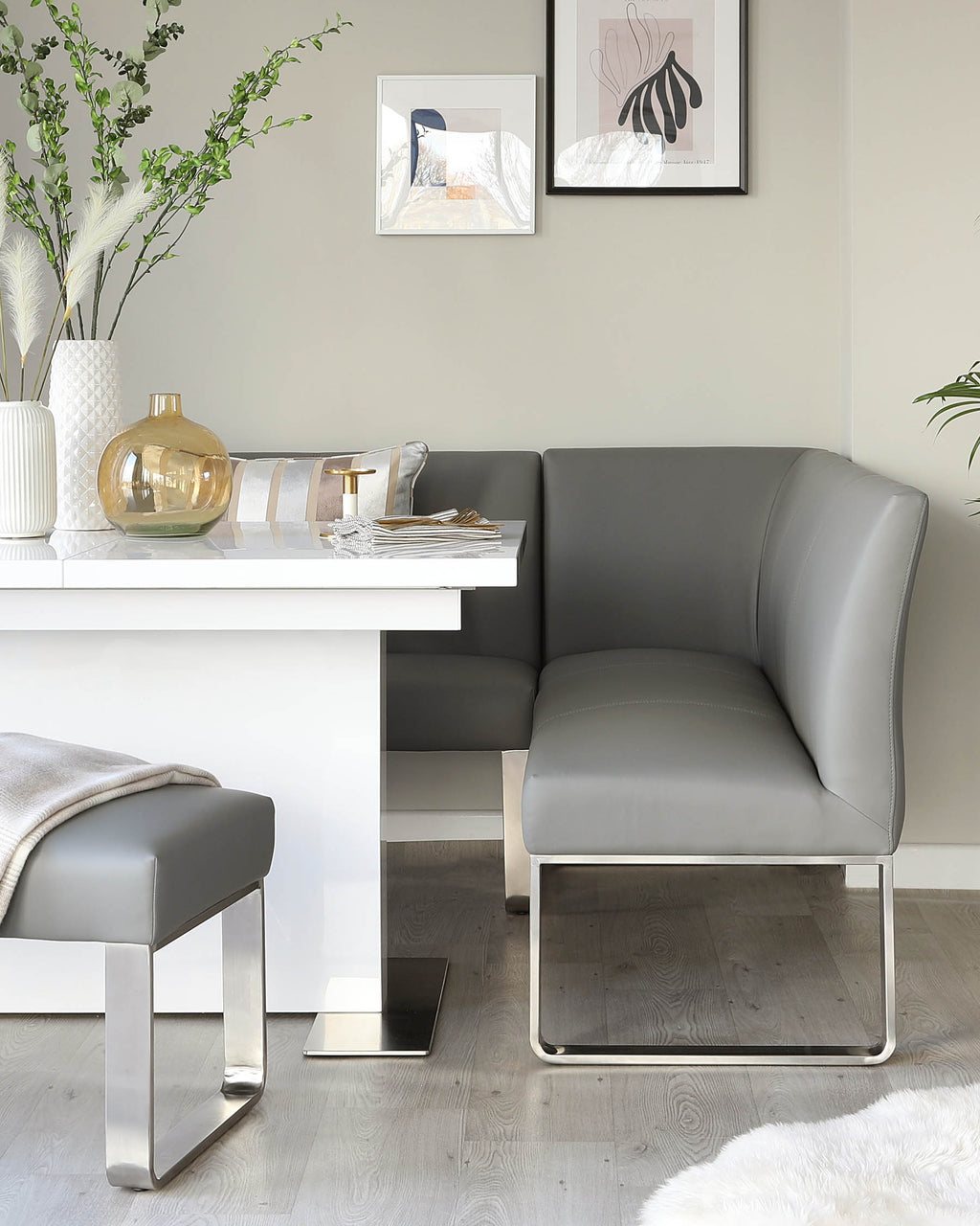 Loop 5 Seater Grey Faux Leather & Stainless Steel Left Hand Corner Dining Bench