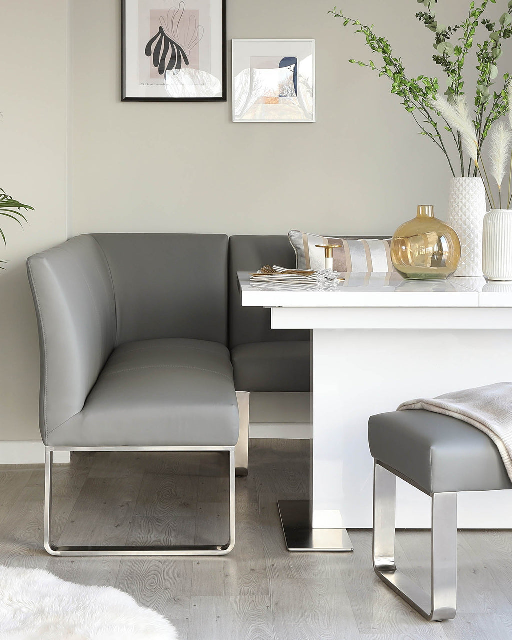 Loop 5 Seater Grey Faux Leather & Stainless Steel Right Hand Corner Dining Bench