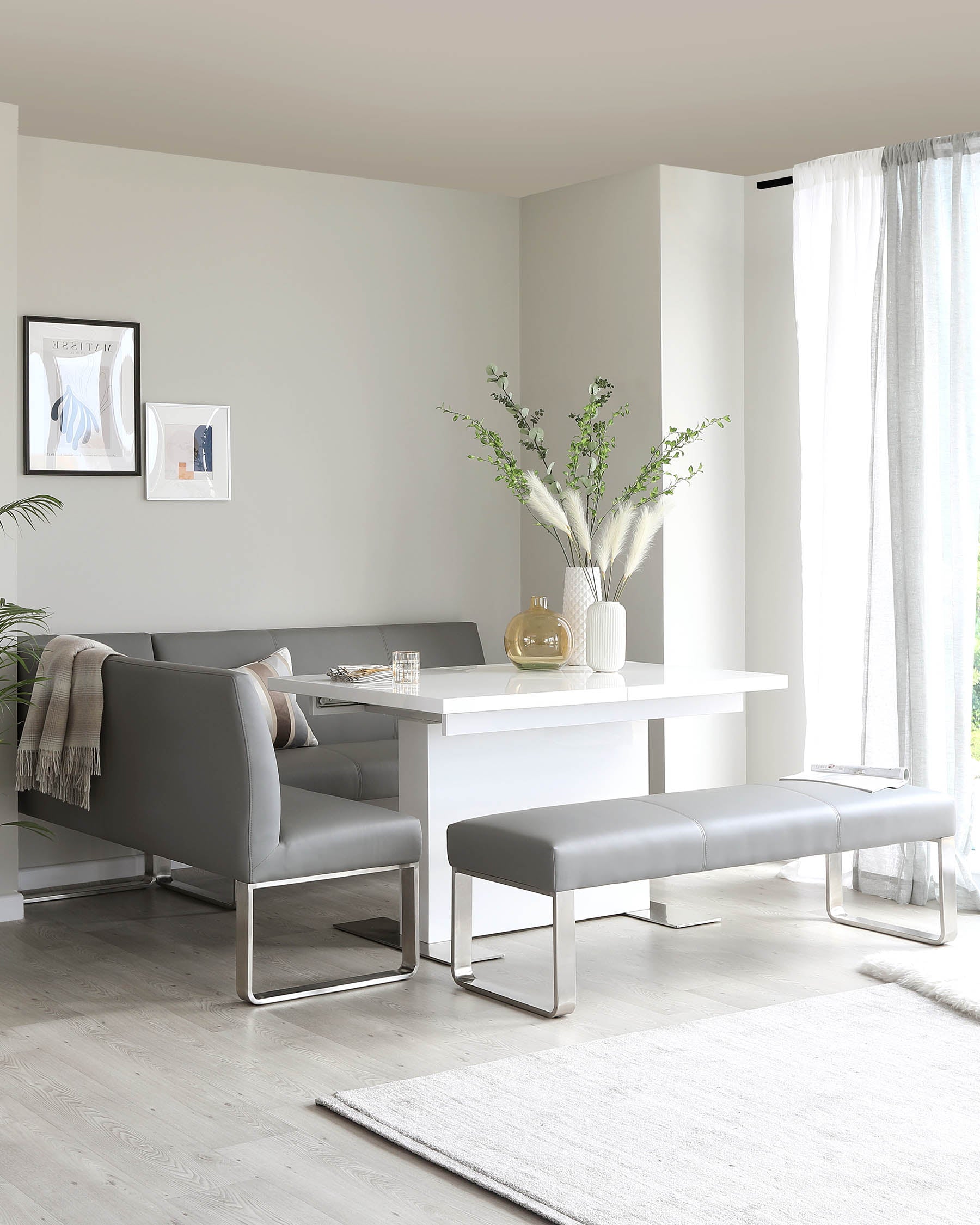 Loop 5 Seater Grey Faux Leather & Stainless Steel Right Hand Corner Dining Bench