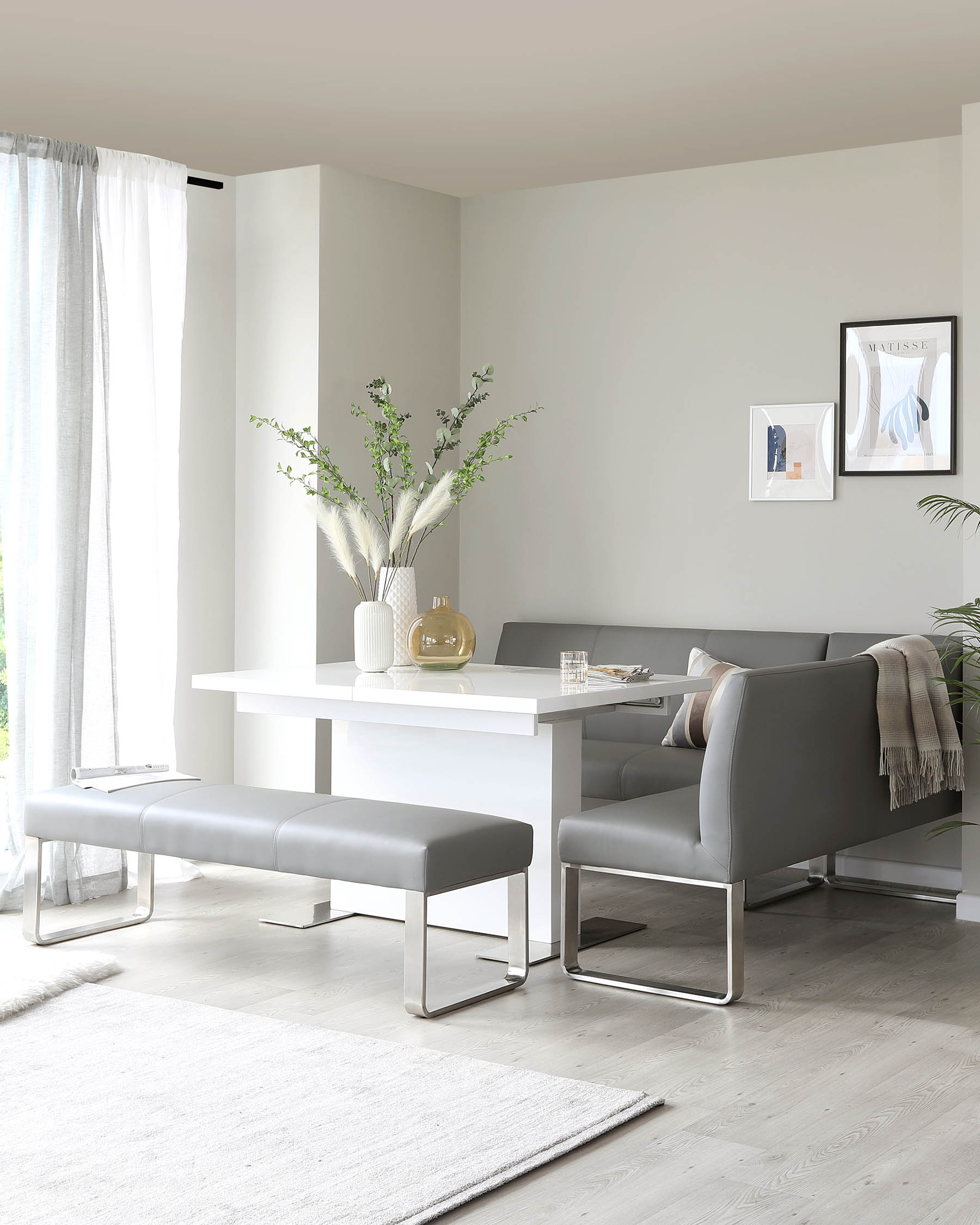 Loop 5 Seater Grey Faux Leather & Stainless Steel Left Hand Corner Dining Bench