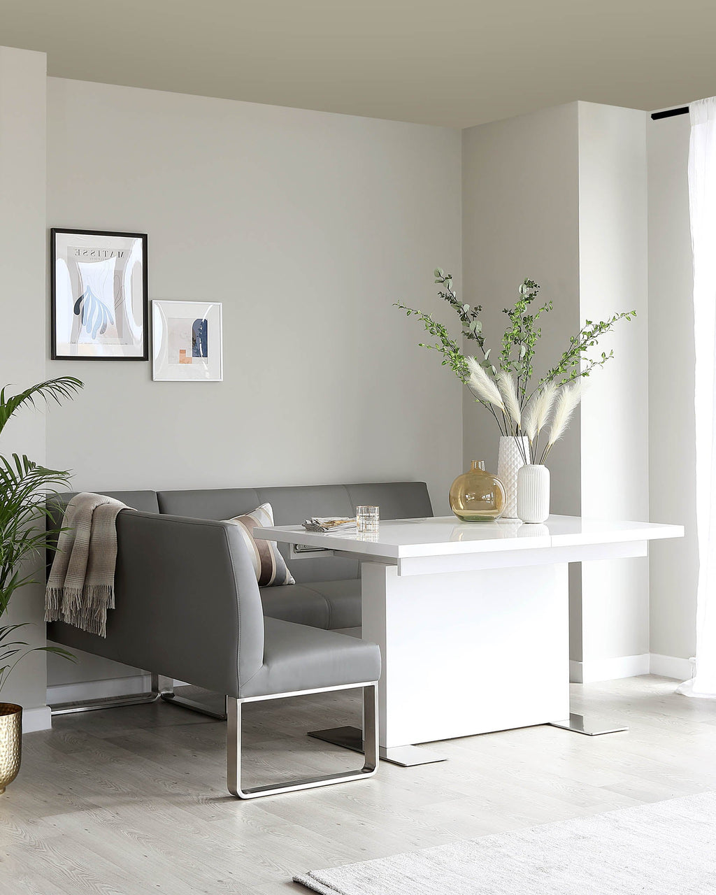 Loop 5 Seater Grey Faux Leather & Stainless Steel Right Hand Corner Dining Bench