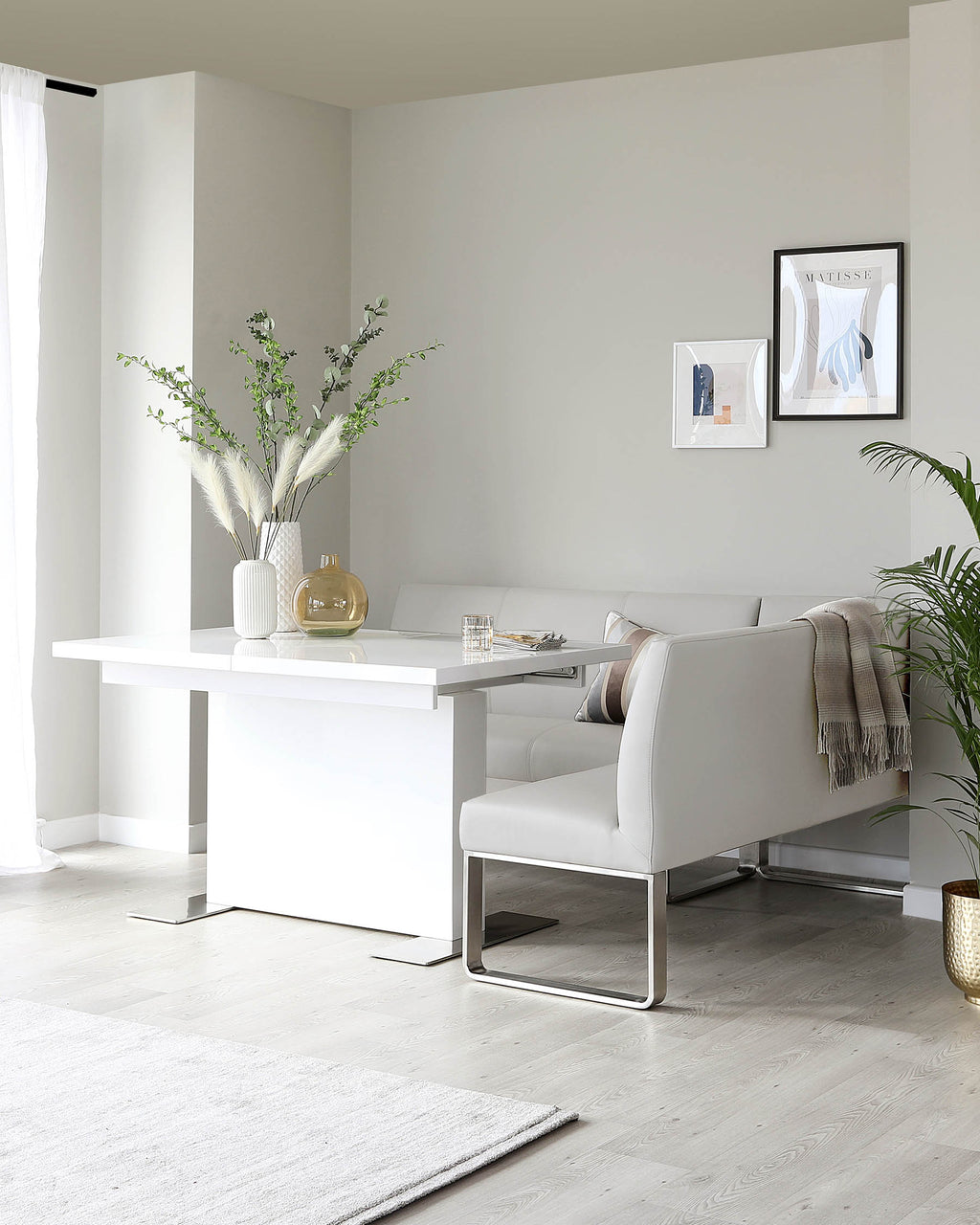 Loop 5 Seater Light Grey Faux Leather & Stainless Steel Left Hand Corner Dining Bench