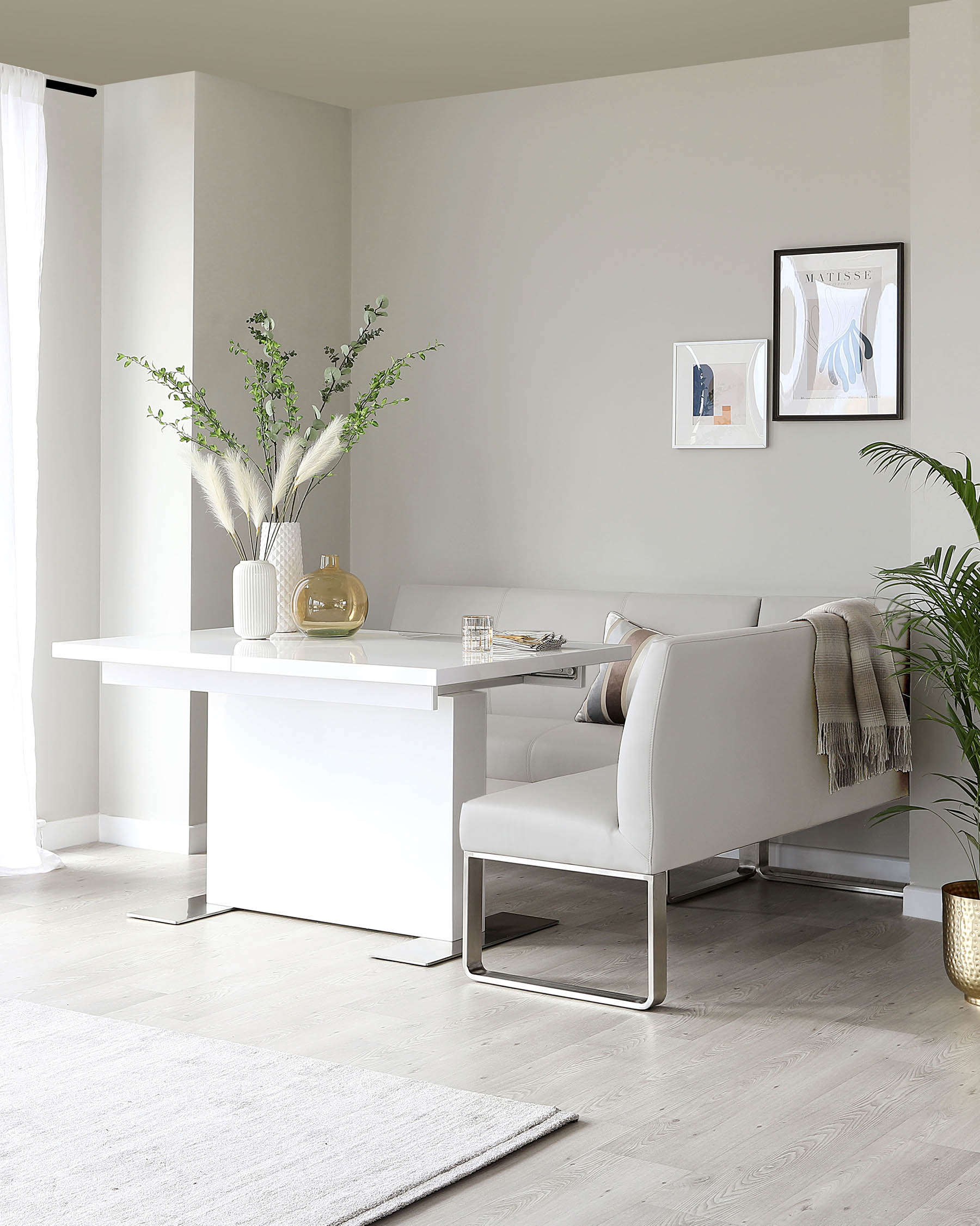 Loop 5 Seater Light Grey Faux Leather & Stainless Steel Left Hand Corner Dining Bench