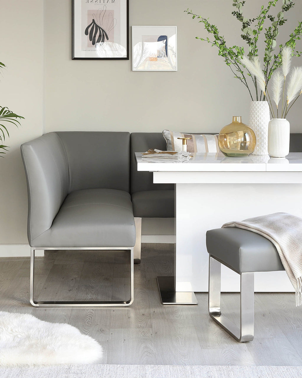 Loop 7 Seater Grey Faux Leather & Stainless Steel Right Hand Corner Dining Bench