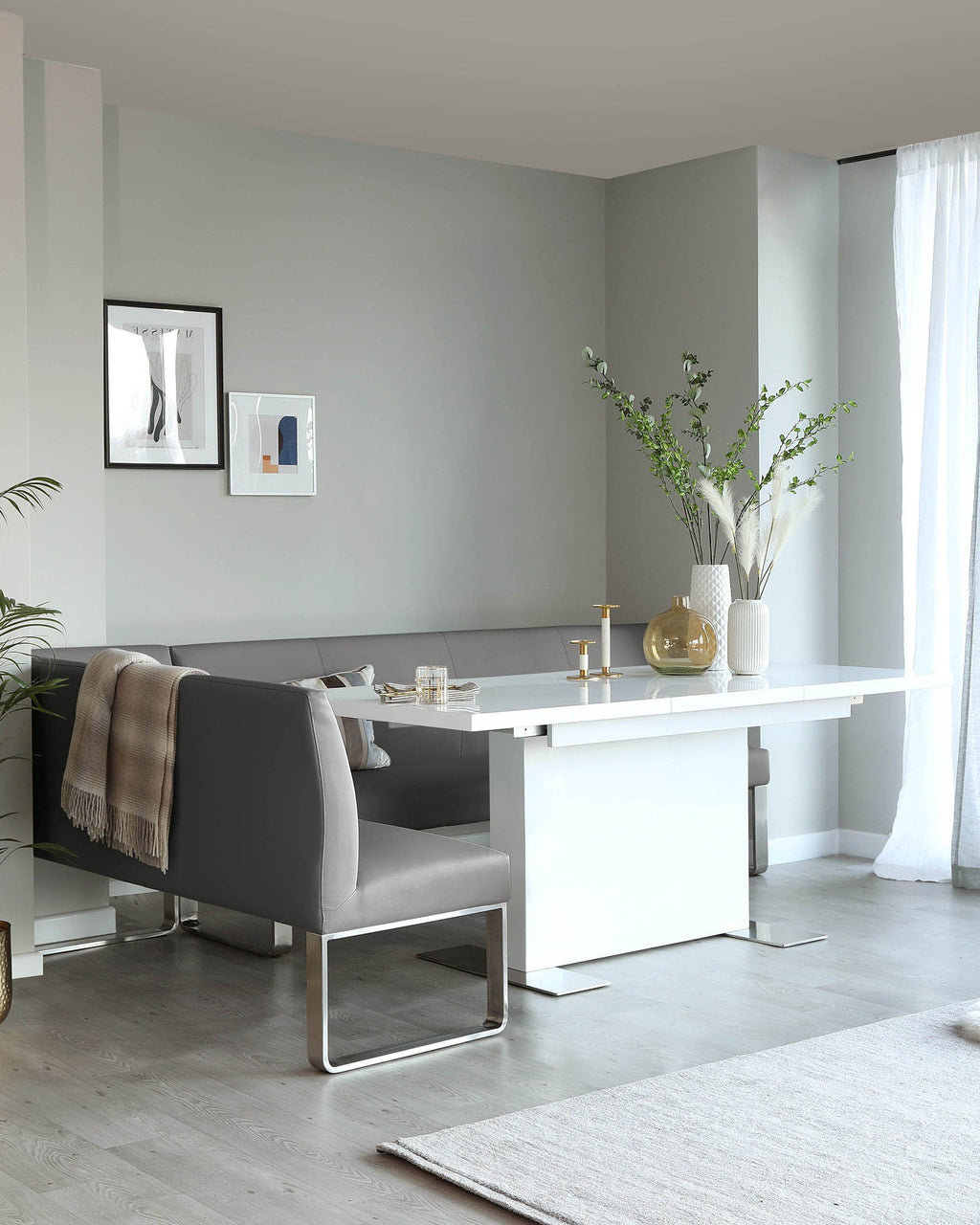 Loop 7 Seater Grey Faux Leather & Stainless Steel Right Hand Corner Dining Bench