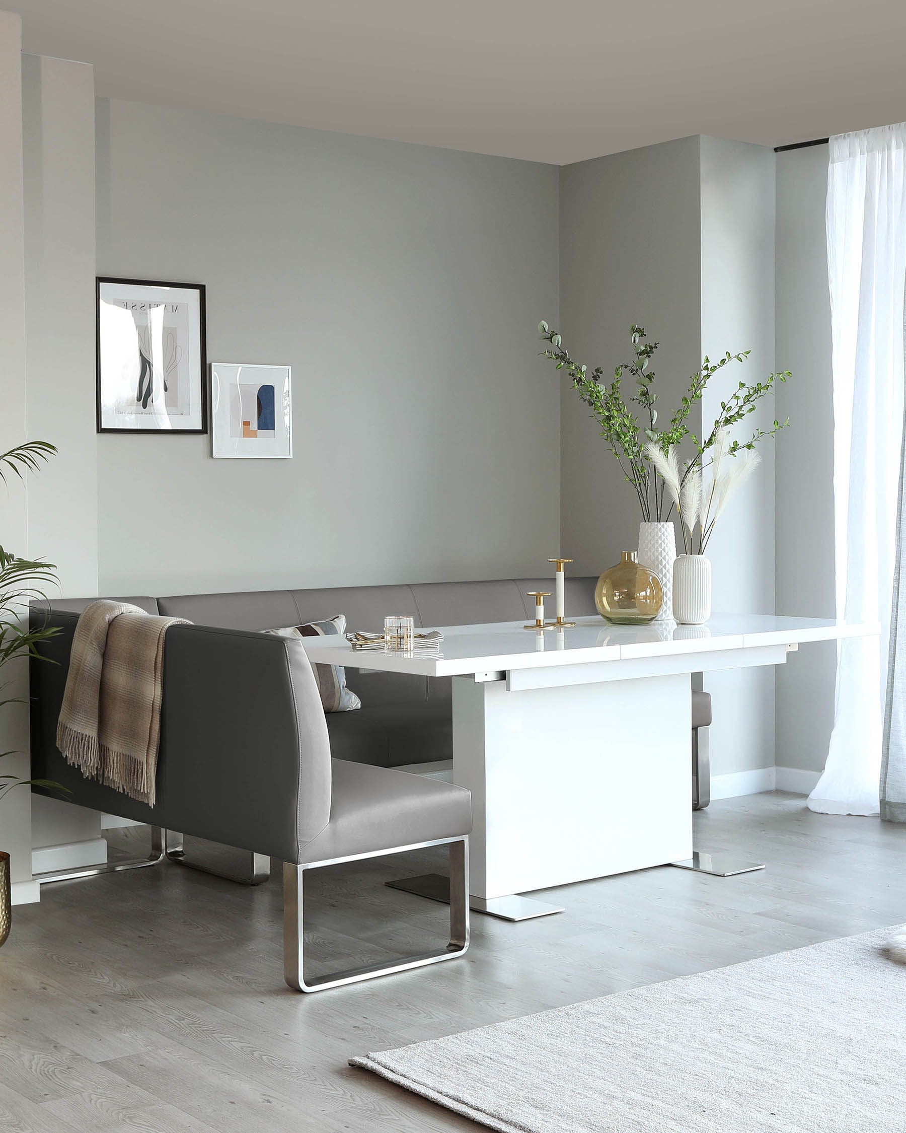 Loop 7 Seater Grey Faux Leather & Stainless Steel Right Hand Corner Dining Bench