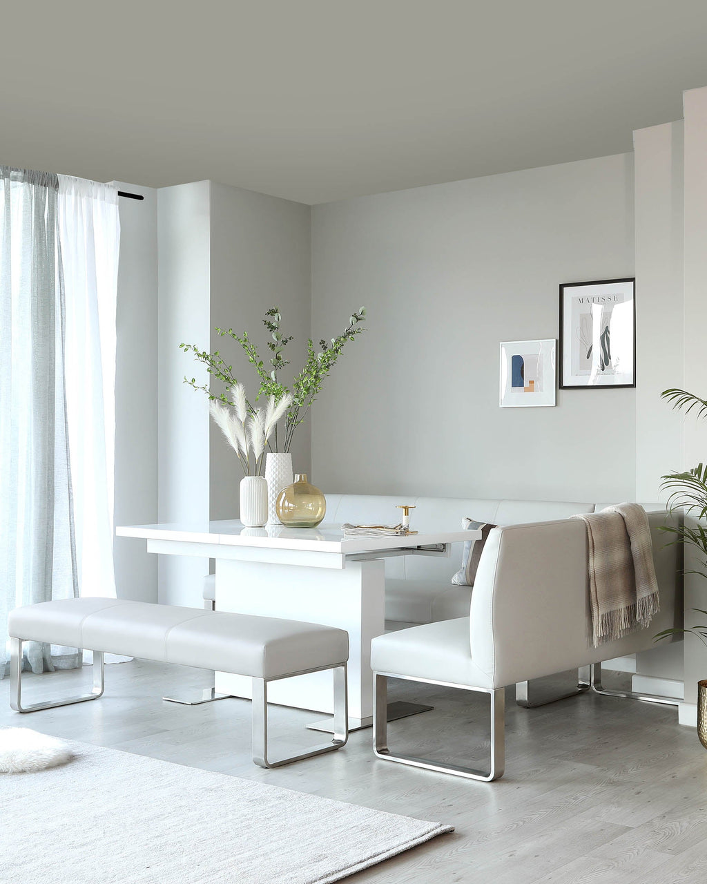 Loop 7 Seater Light Grey Faux Leather & Stainless Steel Left Hand Corner Dining Bench