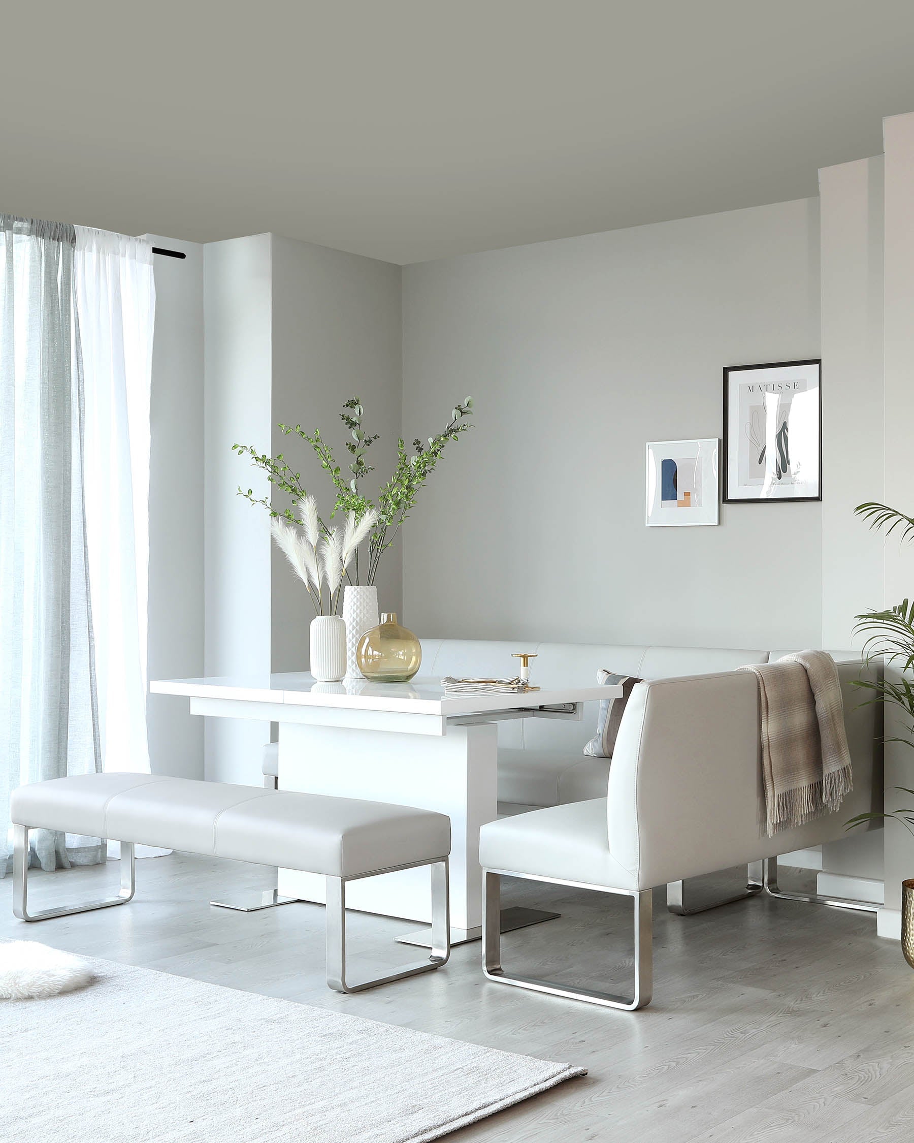 Loop 7 Seater Light Grey Faux Leather & Stainless Steel Left Hand Corner Dining Bench