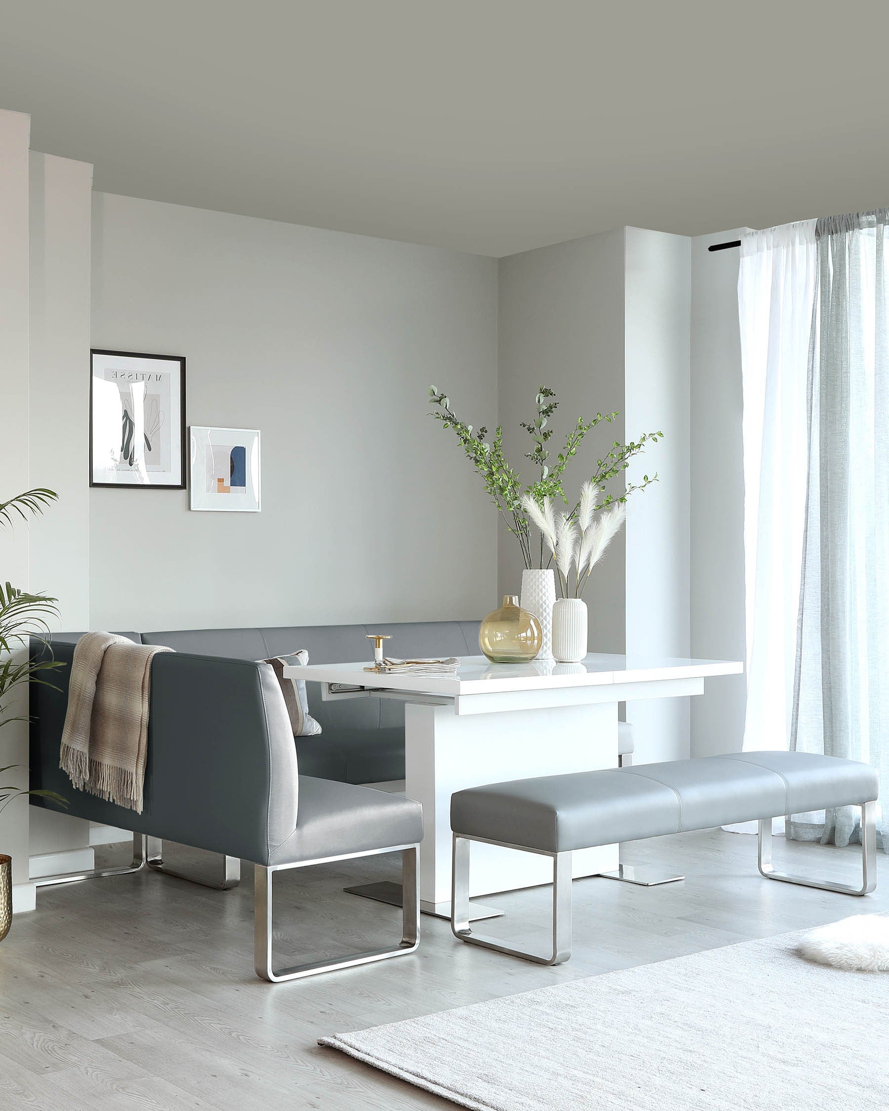 Loop 7 Seater Grey Faux Leather & Stainless Steel Right Hand Corner Dining Bench