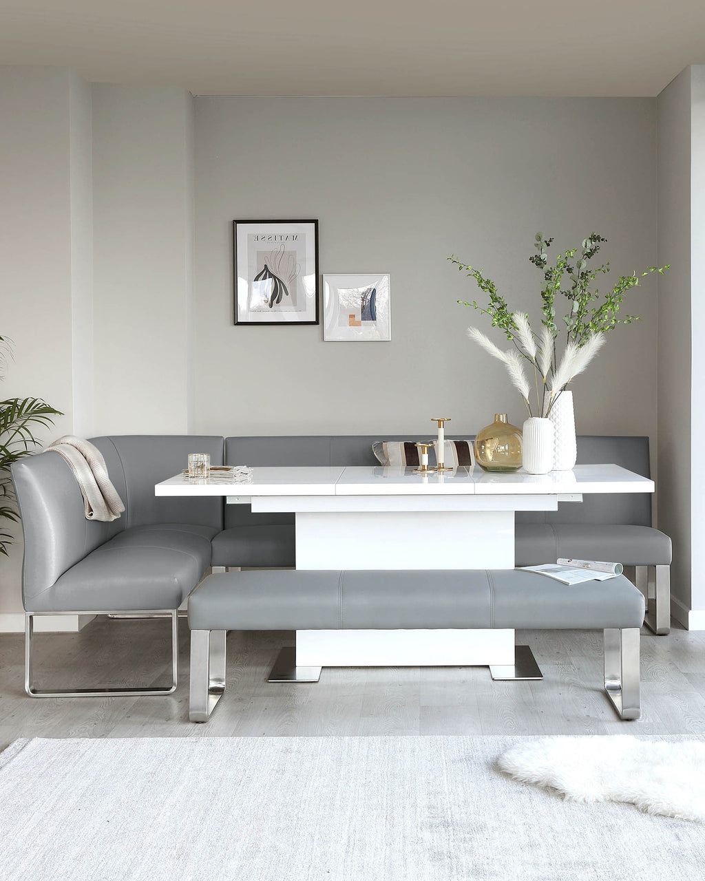Loop 7 Seater Grey Faux Leather & Stainless Steel Right Hand Corner Dining Bench