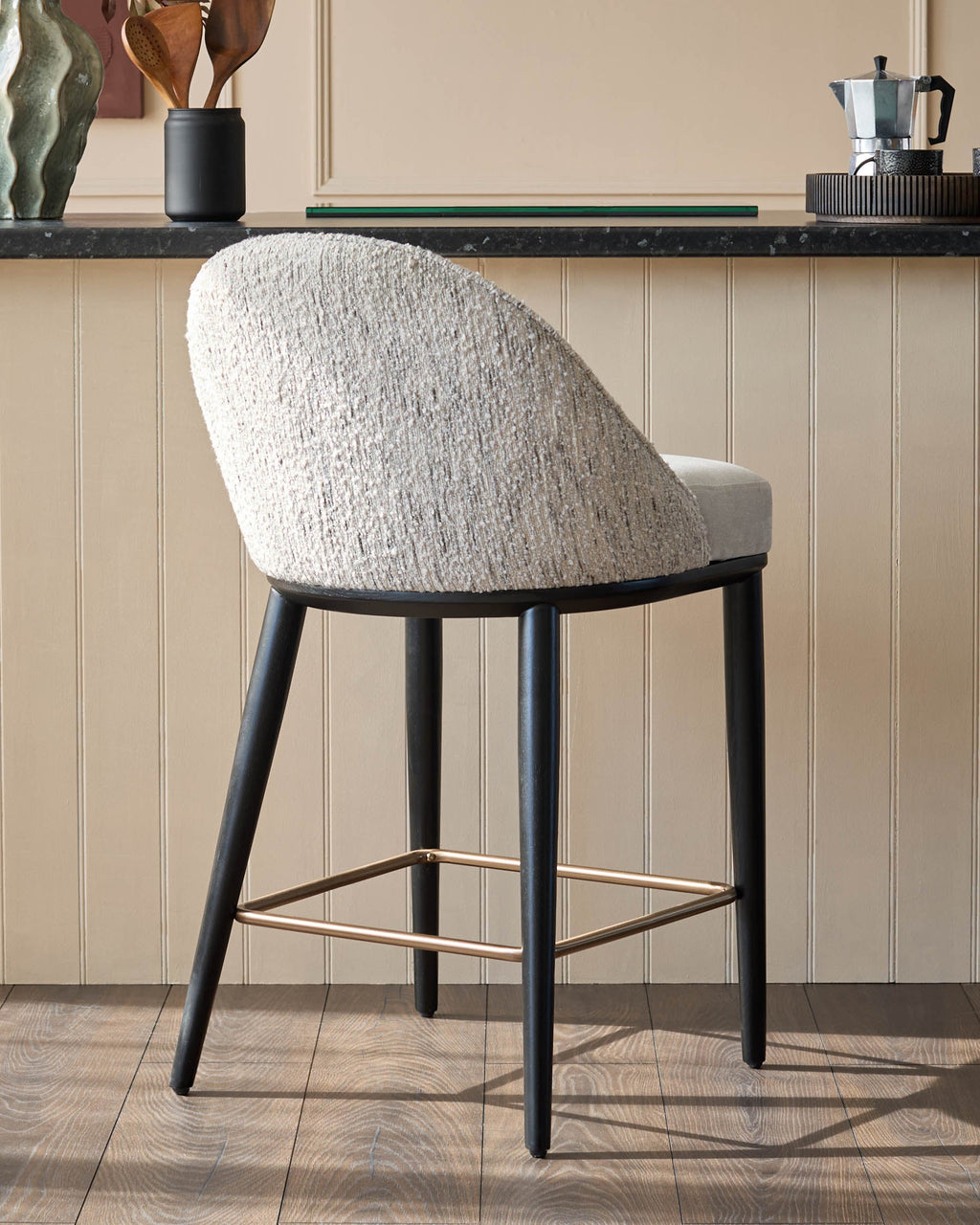 Scarlett cream boucle and natural grey chenille bar stool