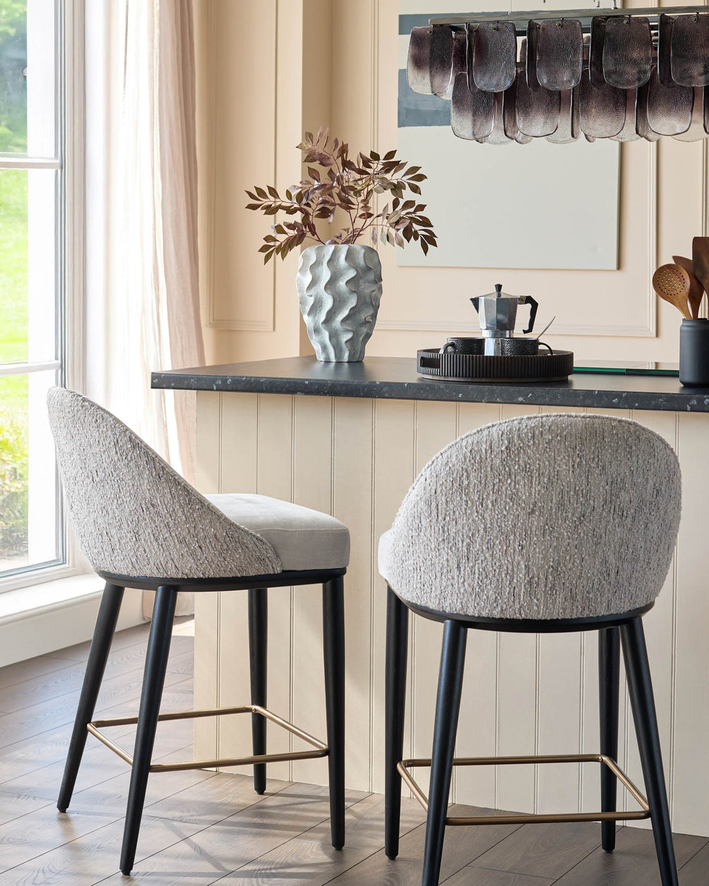 Scarlett cream boucle and natural grey chenille bar stool