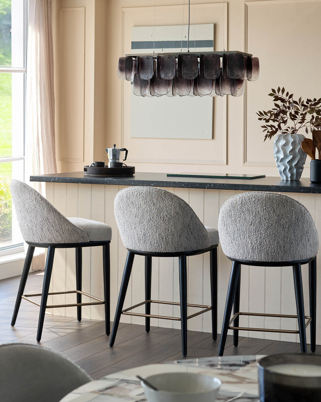 Scarlett cream boucle and natural grey chenille bar stool
